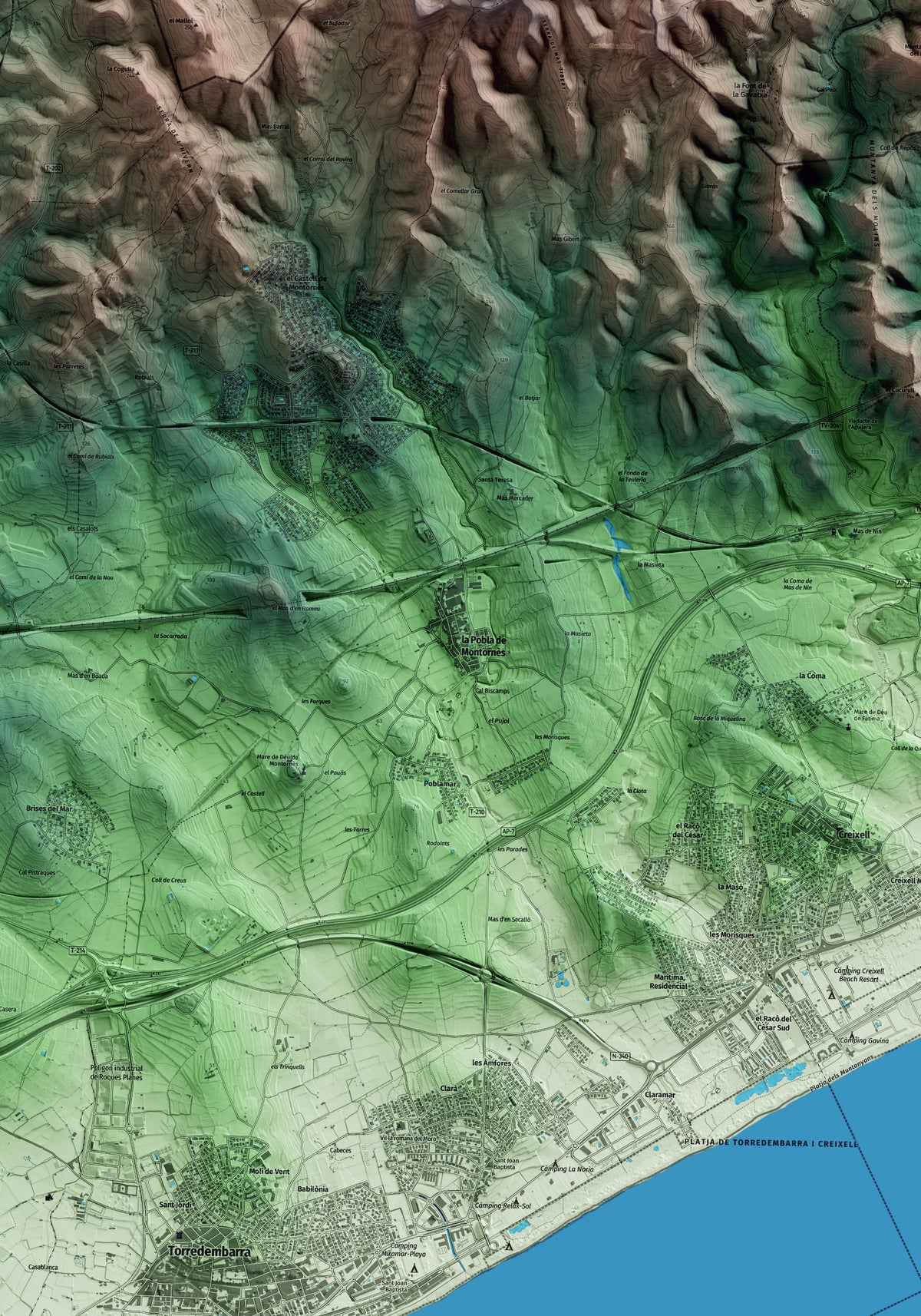 Mapa artístico del relieve de la Pobla de Montornès, al Tarragonès, con 15 km de entorno y base topográfica ICGC. Detalle de la zona central.