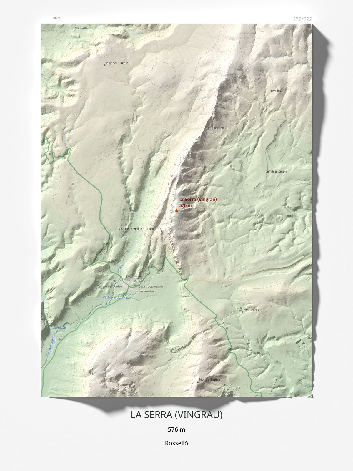 Mapa topográfico del relieve: la Serra (Vingrau), 576 m. Lámina completa. 30 × 40 cm.
