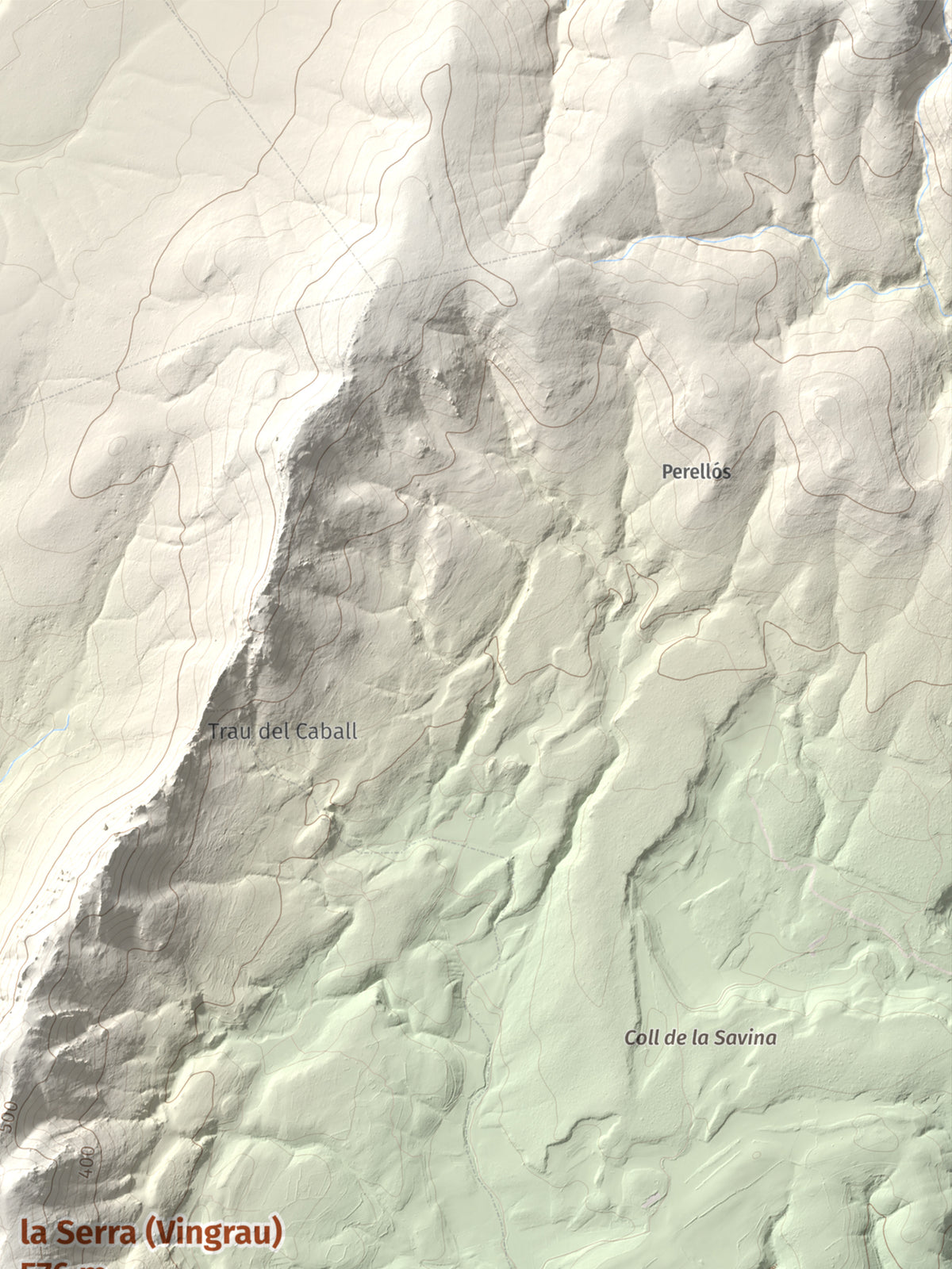 Mapa topográfico del relieve: la Serra (Vingrau), 576 m. Detalle de la zona superior derecha. 30 × 40 cm.