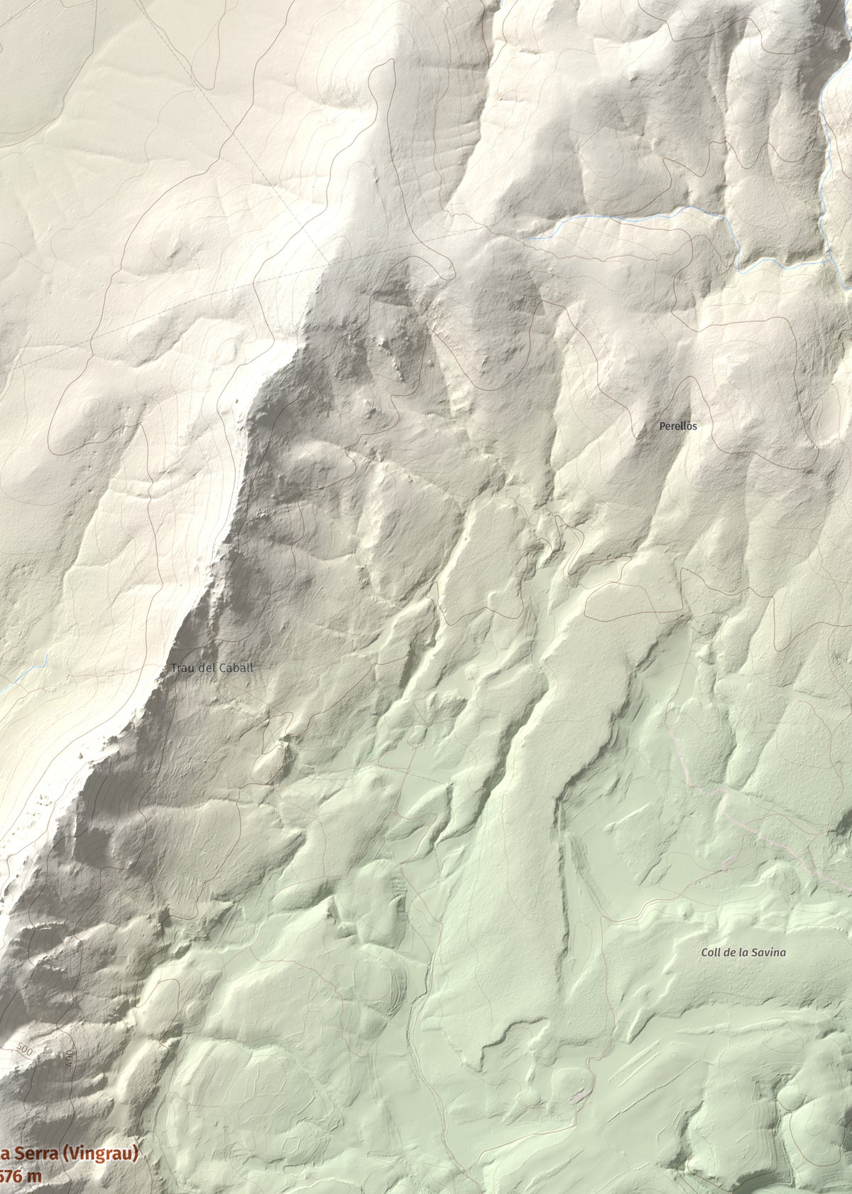 Mapa topográfico del relieve: la Serra (Vingrau), 576 m. Detalle de la zona superior derecha. 50 × 70 cm.