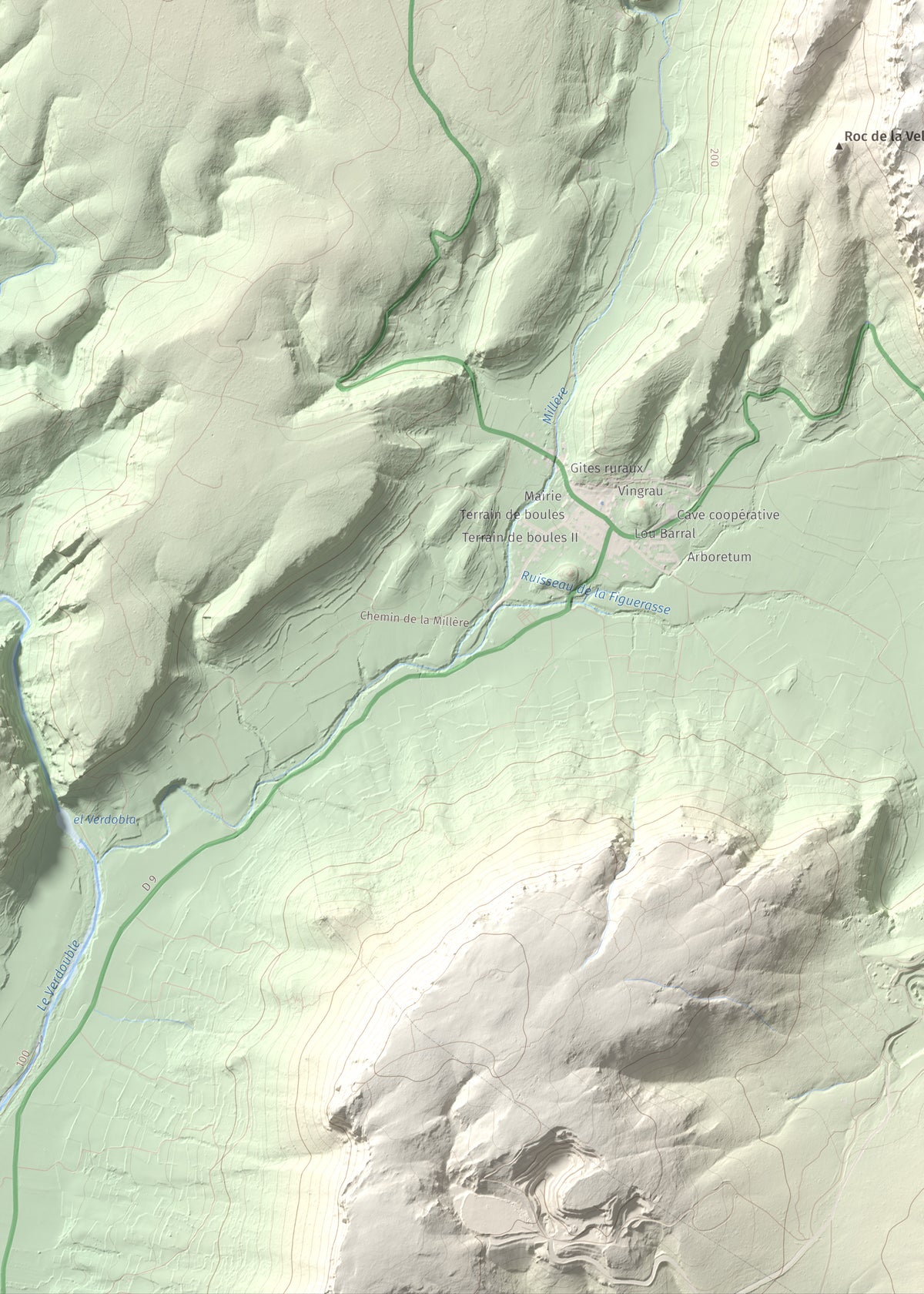 Mapa topográfico del relieve: la Serra (Vingrau), 576 m. Detalle de la zona inferior izquierda. 50 × 70 cm.