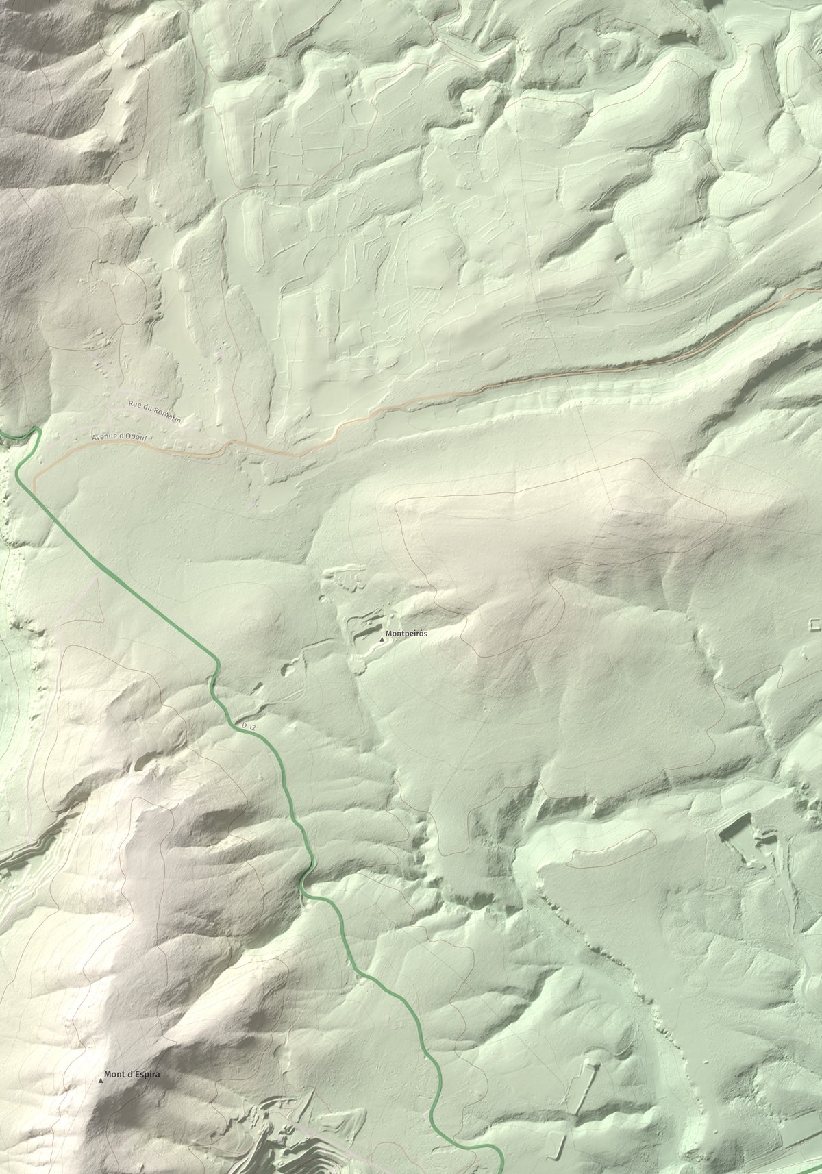 Mapa topográfico del relieve: la Serra (Vingrau), 576 m. Detalle de la zona inferior derecha. 70 × 100 cm.