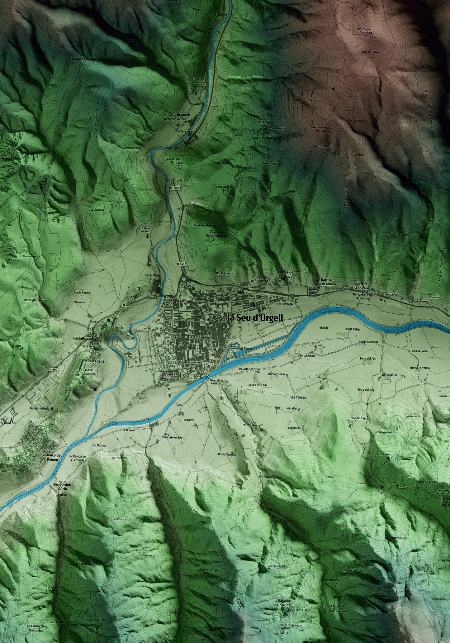 Mapa artístico del relieve de la Seu d'Urgell, al Alt Urgell, con 15 km de entorno y base topográfica ICGC. Detalle de la zona central.