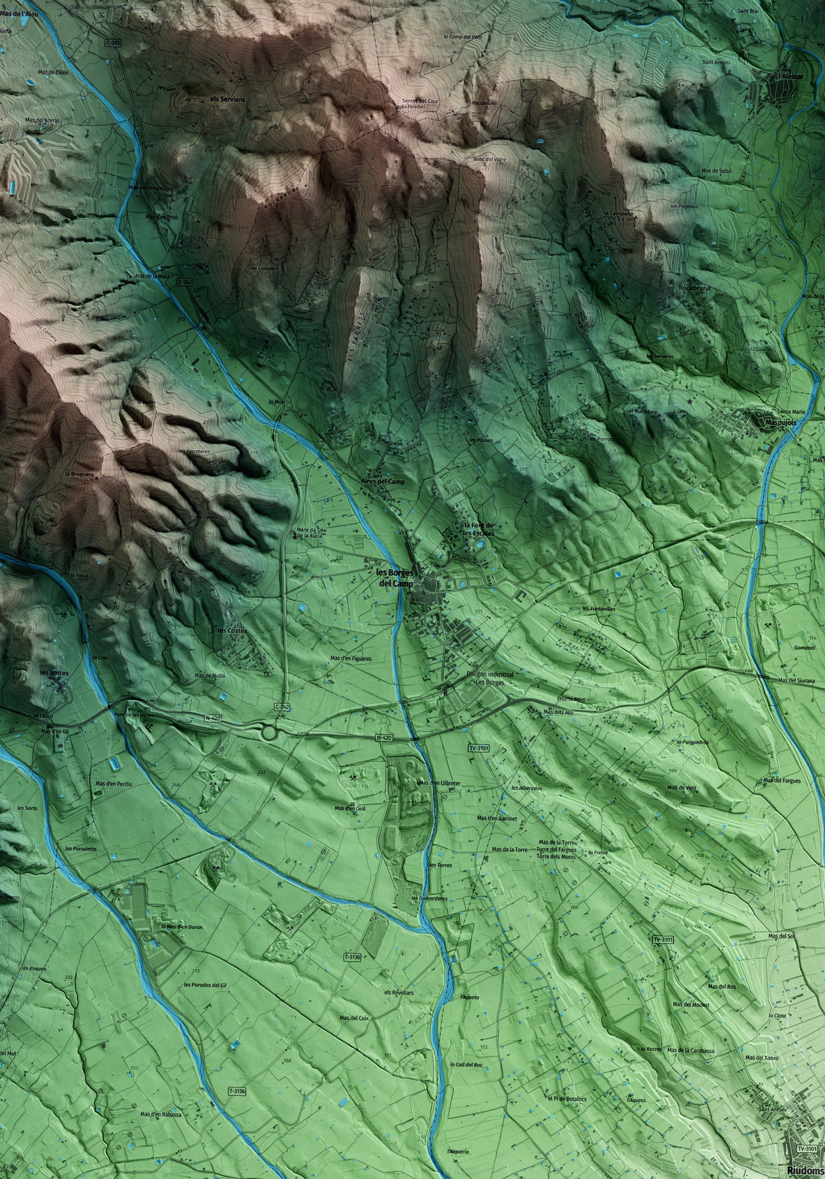 Mapa artístico del relieve de les Borges del Camp, al Baix Camp, con 15 km de entorno y base topográfica ICGC. Detalle de la zona central.