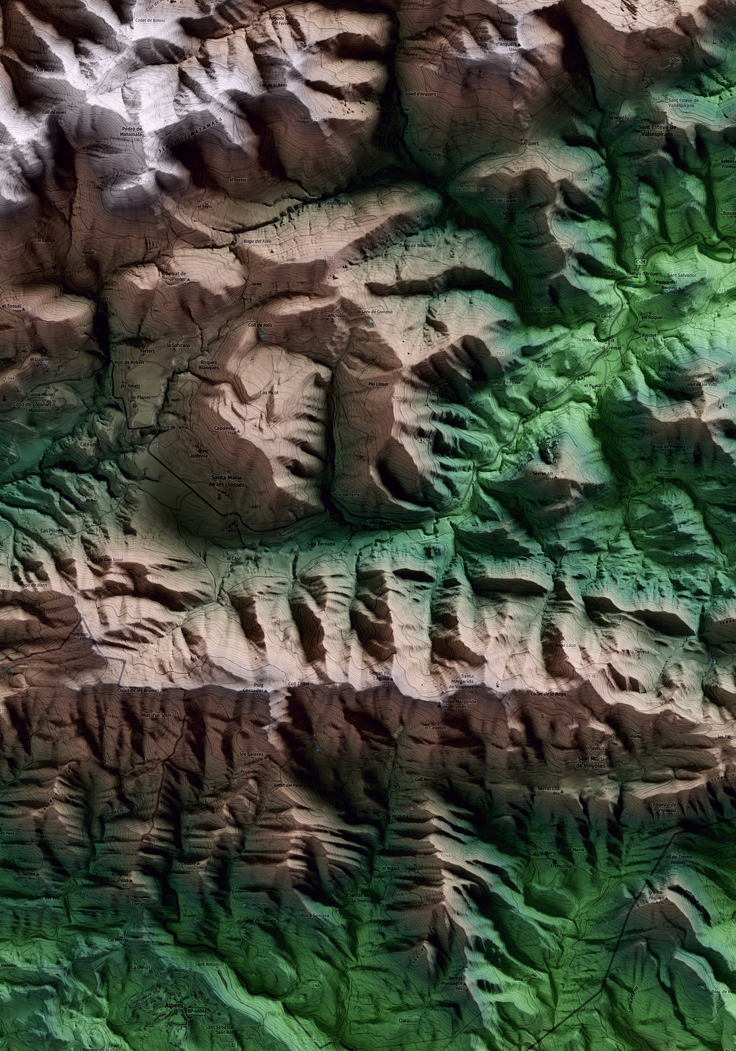 Mapa artístico del relieve de les Llosses, al Ripollès, con 15 km de entorno y base topográfica ICGC. Detalle de la zona central.