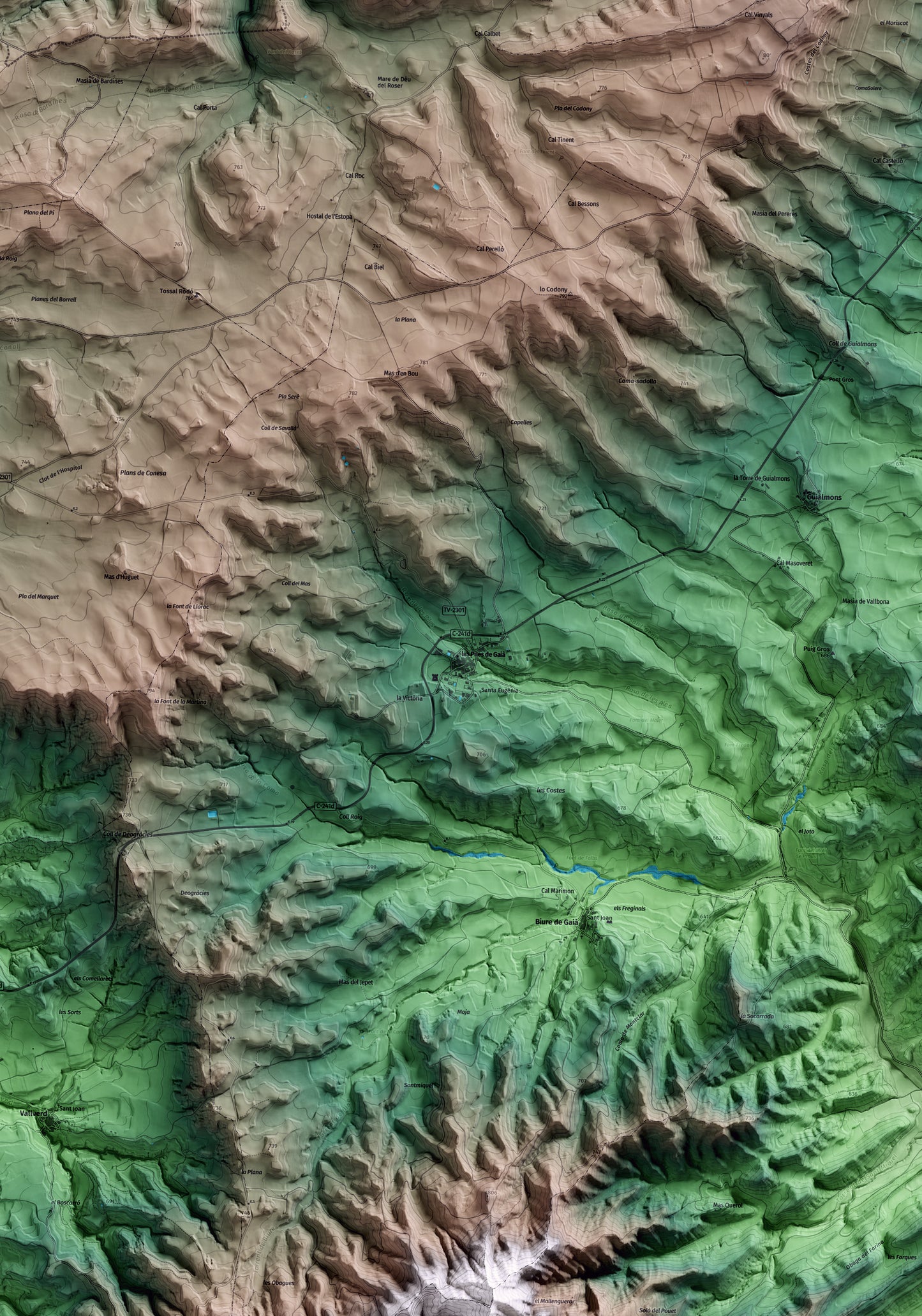 Mapa artístico del relieve de les Piles, a la Conca de Barberà, con 15 km de entorno y base topográfica ICGC. Detalle de la zona central.