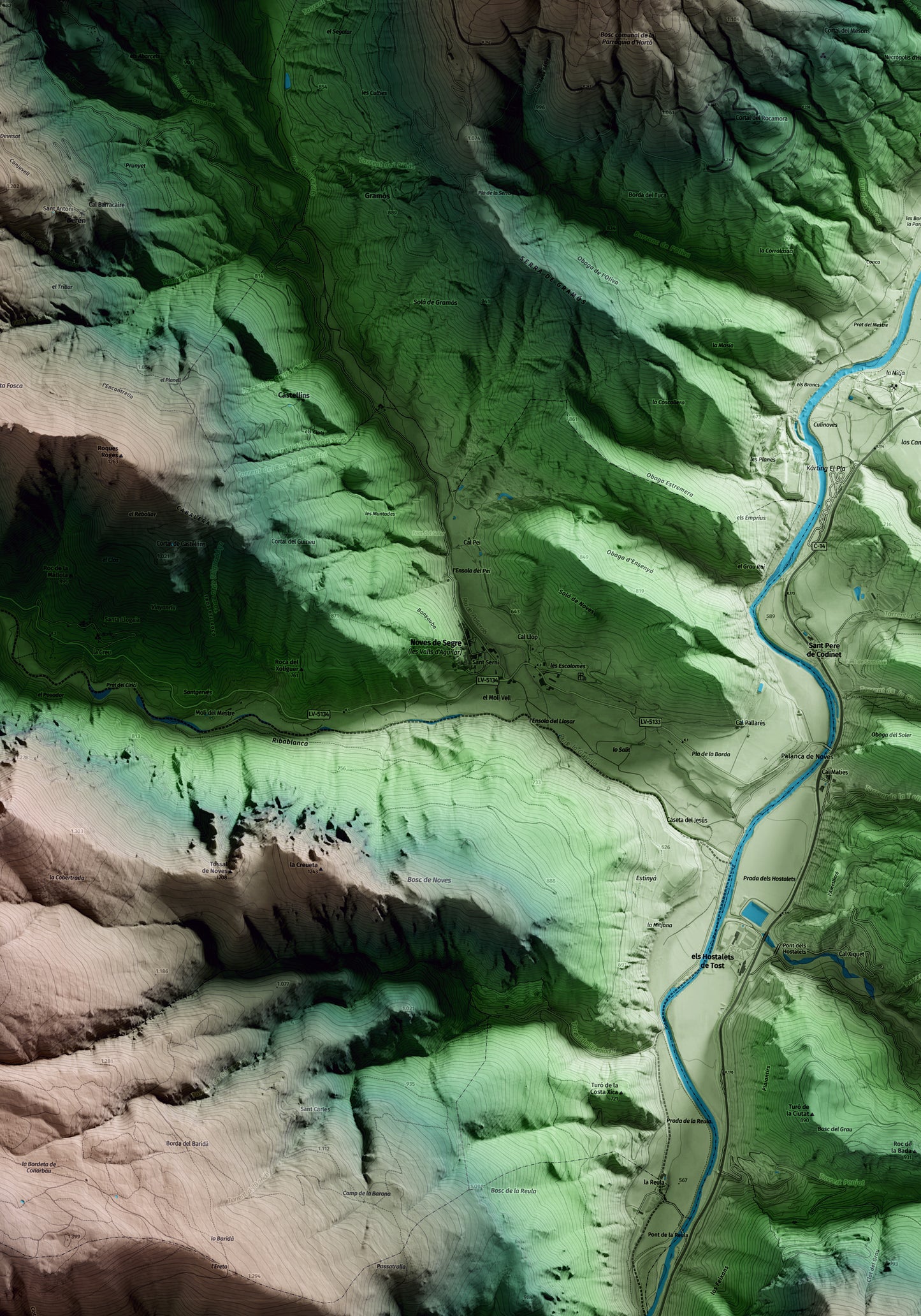 Mapa artístico del relieve de les Valls d'Aguilar, al Alt Urgell, con 15 km de entorno y base topográfica ICGC. Detalle de la zona central.
