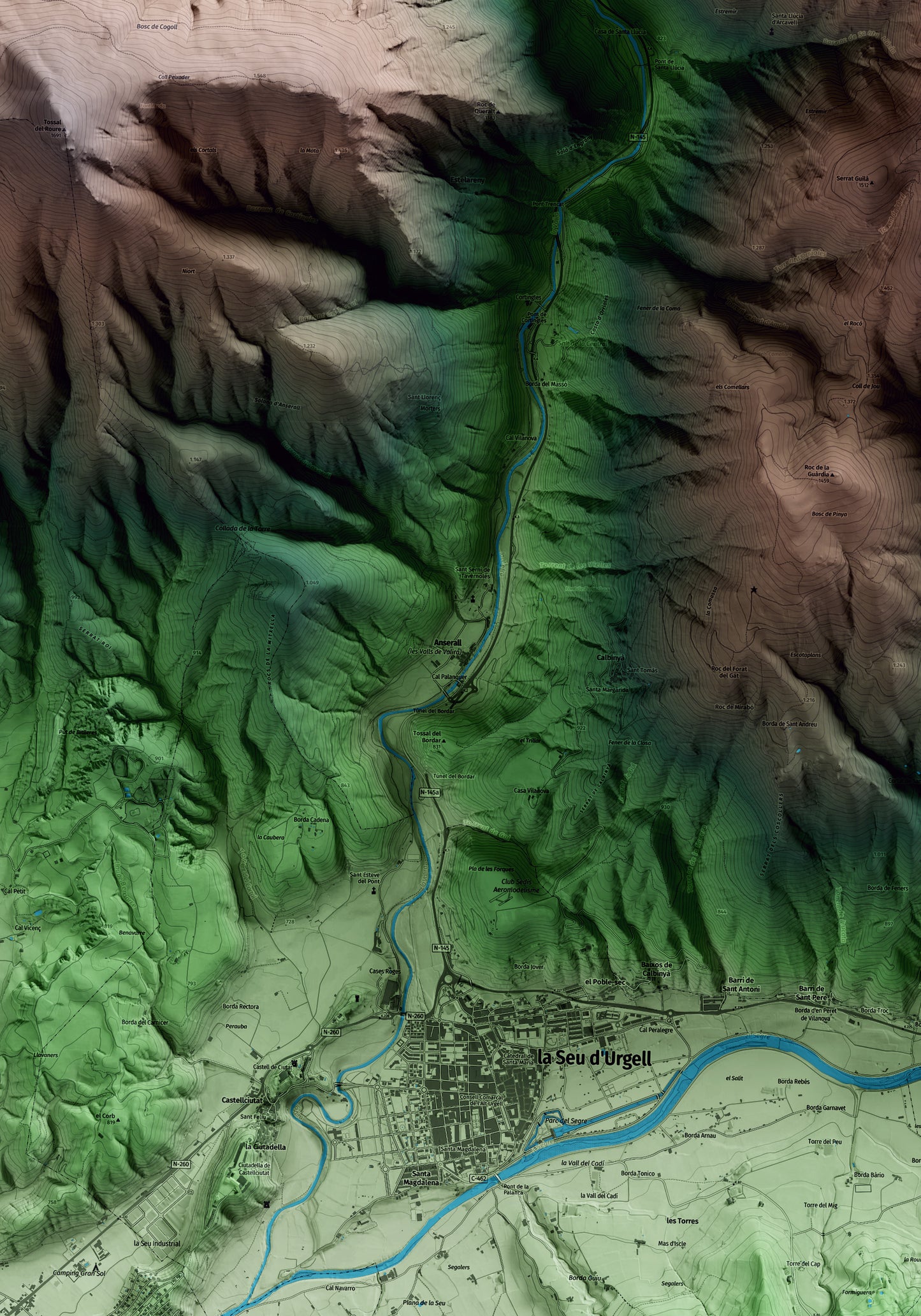 Mapa artístico del relieve de les Valls de Valira, al Alt Urgell, con 15 km de entorno y base topográfica ICGC. Detalle de la zona central.