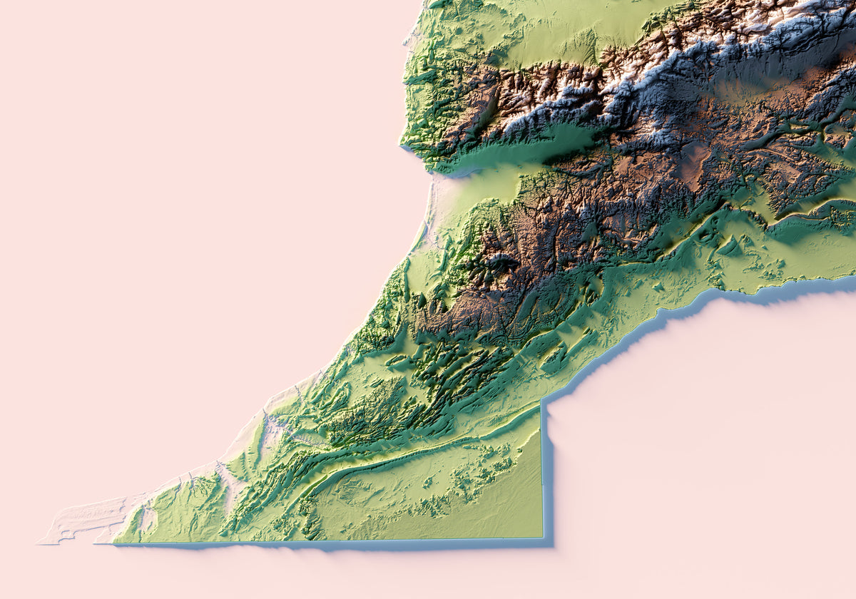 Marruecos: detalle de la ilustración del mapa de relieve.