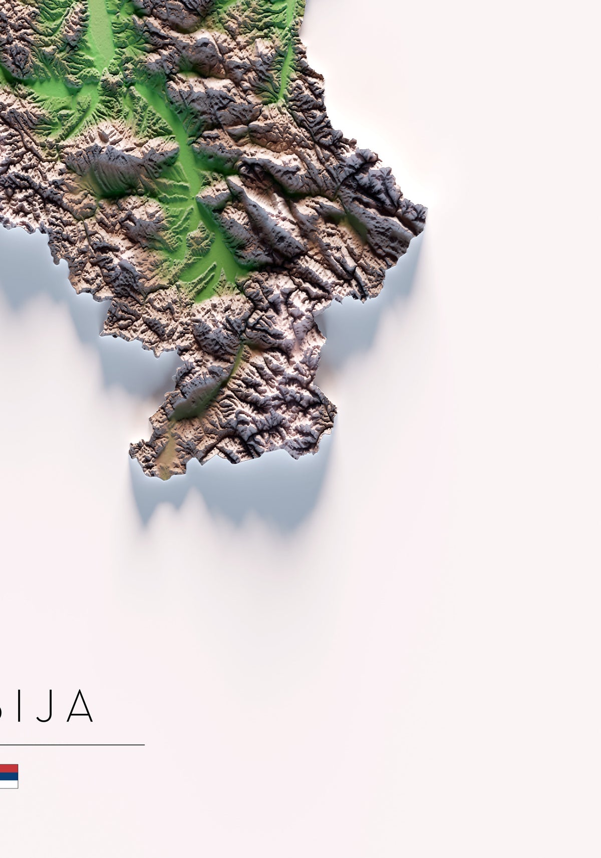 Serbia: detalle de la ilustración del mapa de relieve.