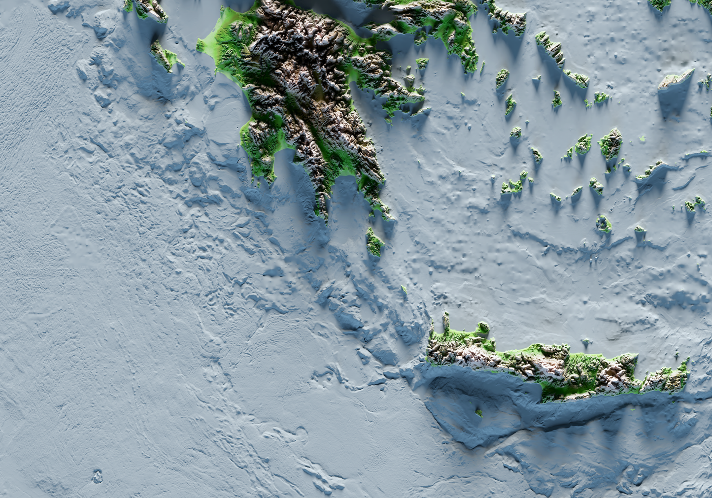 REGIÓN DEL MAR EGEO. Classic reief map print with bathymetry. Blue sea version.