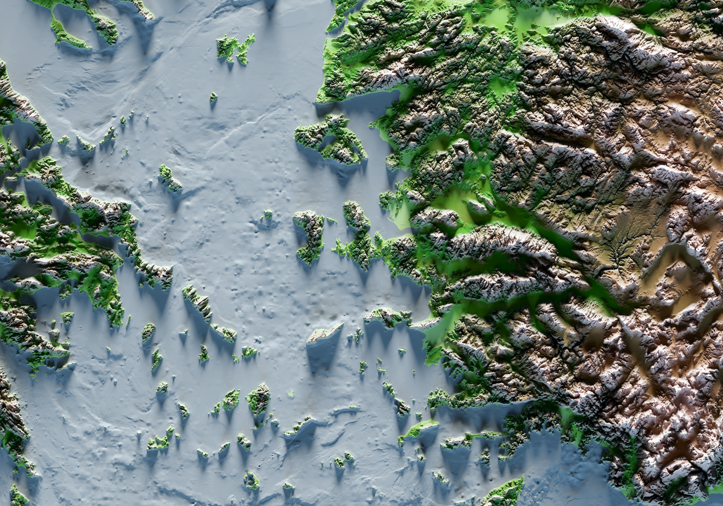 REGIÓN DEL MAR EGEO. Classic reief map print with bathymetry. Blue sea version.