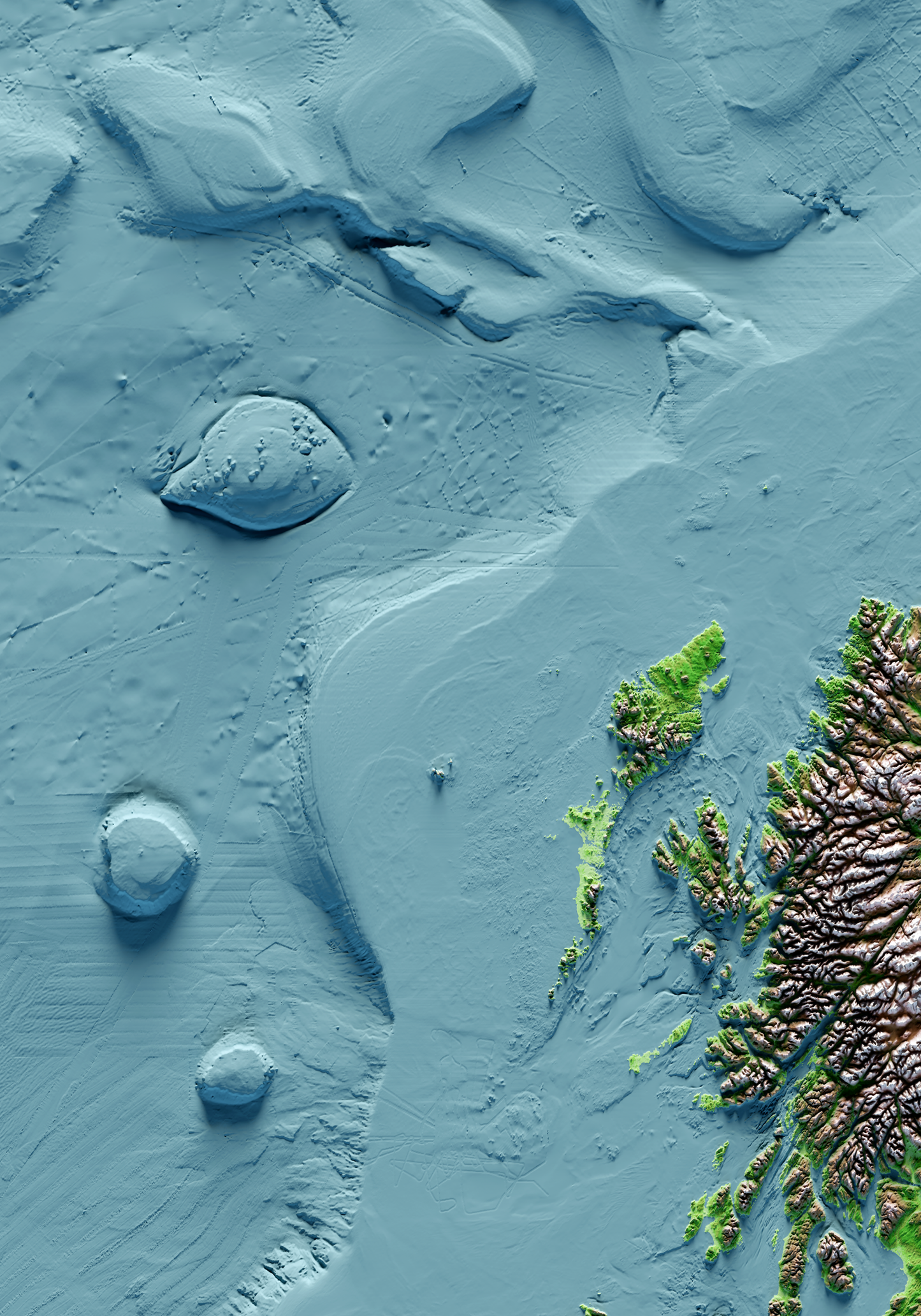 ISLAS BRITÁNICAS E IRLANDESAS. Mapa de relieve clásico con batimetría.