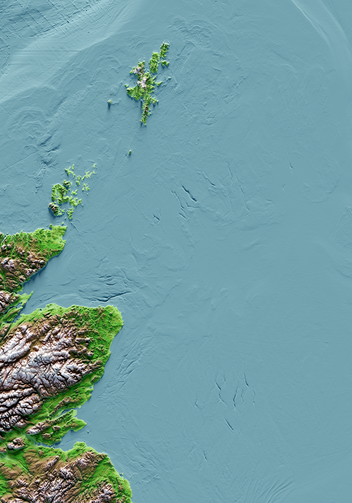 ISLAS BRITÁNICAS E IRLANDESAS. Mapa de relieve clásico con batimetría.