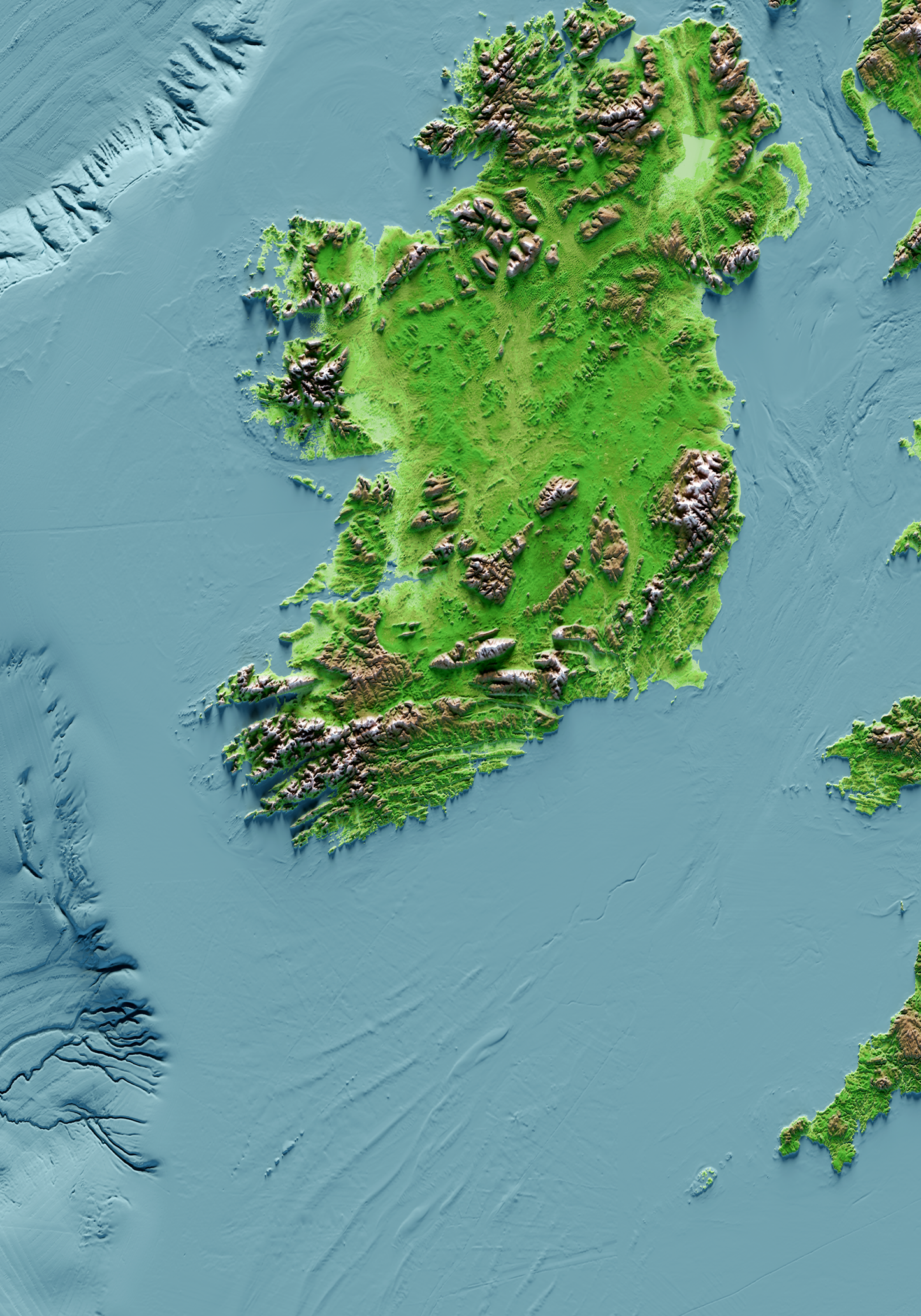 ISLAS BRITÁNICAS E IRLANDESAS. Mapa de relieve clásico con batimetría.