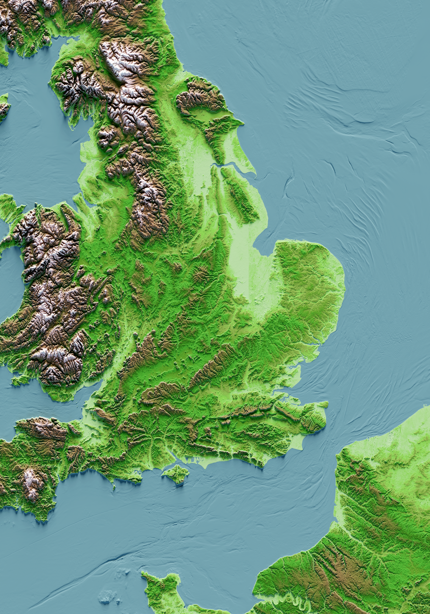 ISLAS BRITÁNICAS E IRLANDESAS. Mapa de relieve clásico con batimetría.