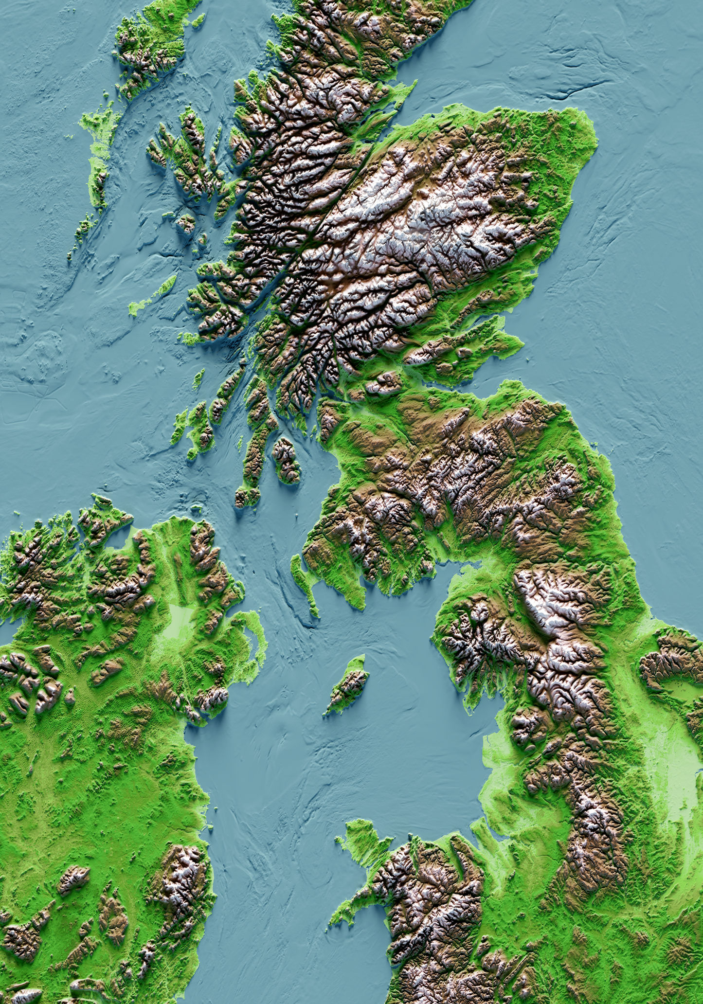 ISLAS BRITÁNICAS E IRLANDESAS. Mapa de relieve clásico con batimetría.