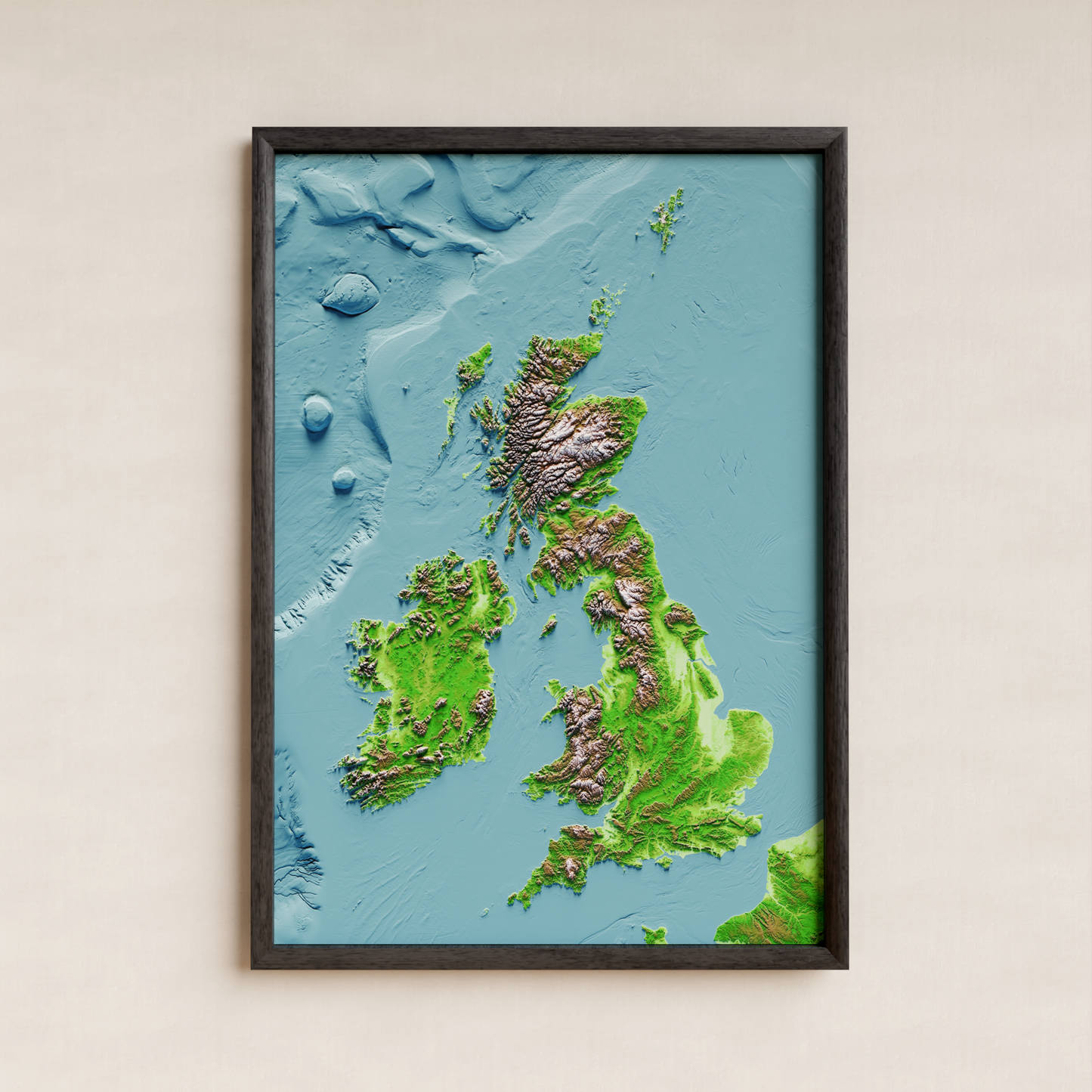 ISLAS BRITÁNICAS E IRLANDESAS. Mapa de relieve clásico con batimetría.