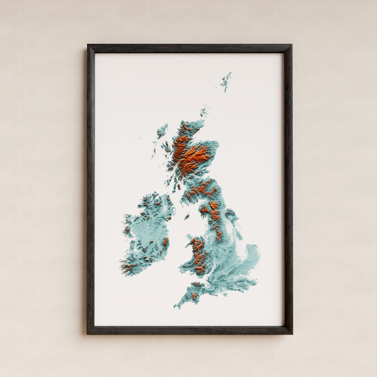 ISLAS BRITÁNICAS E IRLANDESAS. Mapa de relieve con contraste.