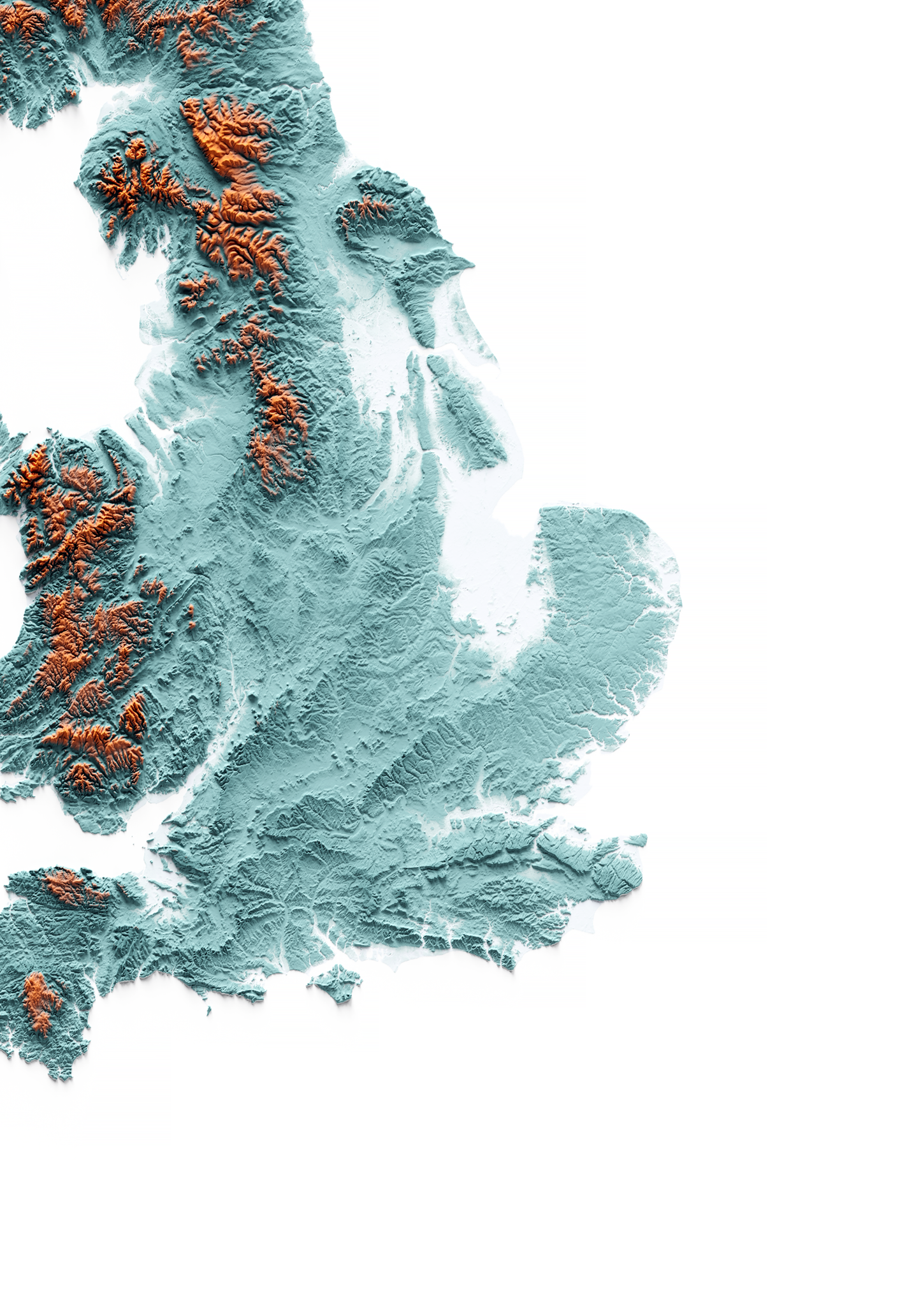 ISLAS BRITÁNICAS E IRLANDESAS. Mapa de relieve con contraste.