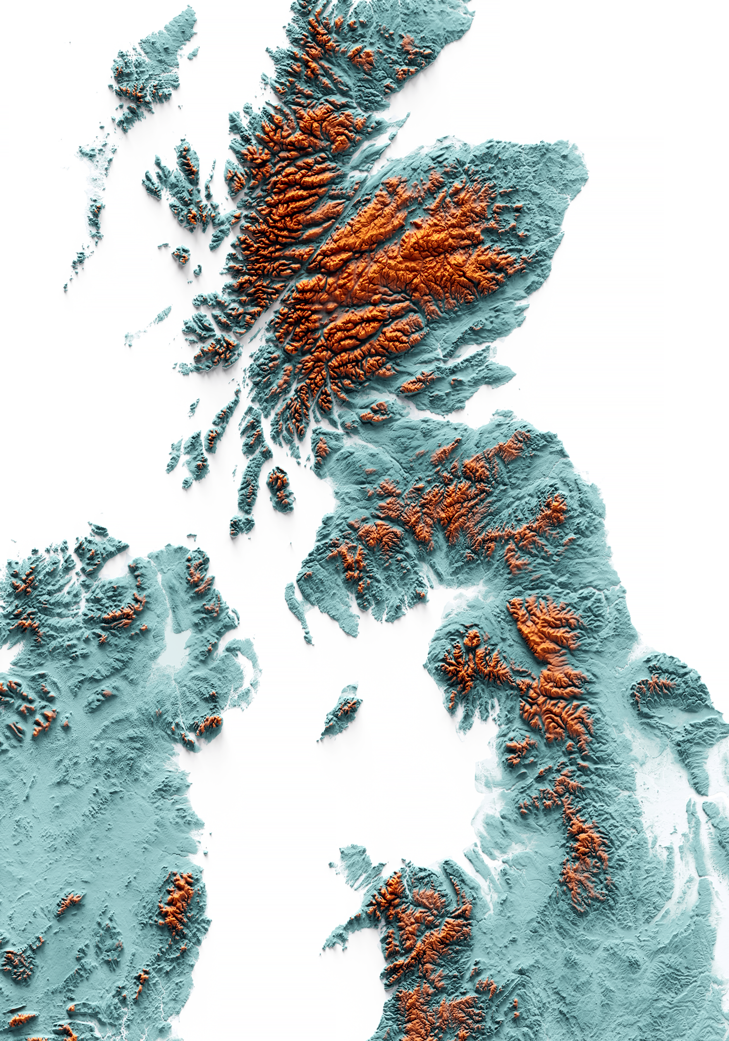 ISLAS BRITÁNICAS E IRLANDESAS. Mapa de relieve con contraste.
