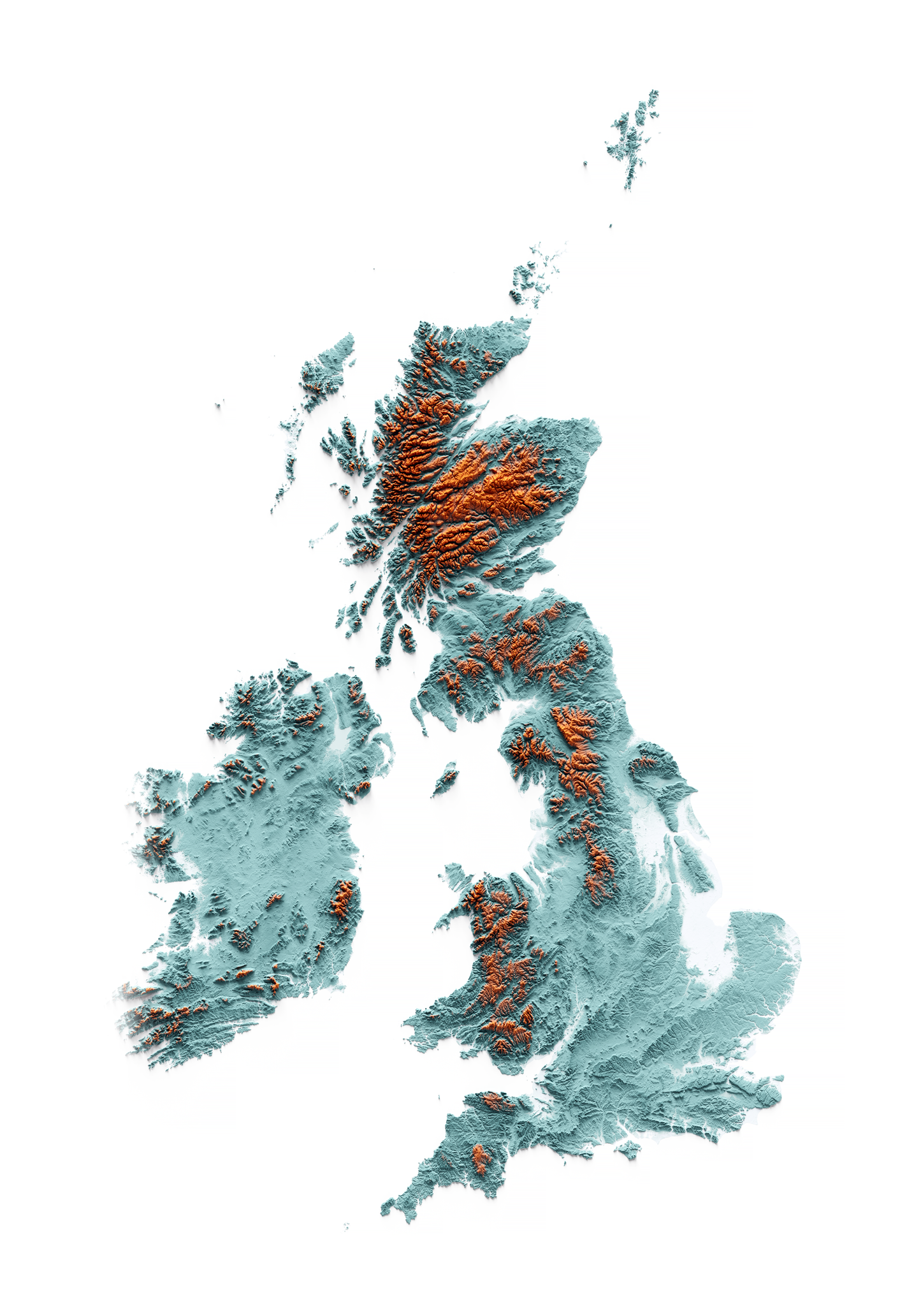 ISLAS BRITÁNICAS E IRLANDESAS. Mapa de relieve con contraste.
