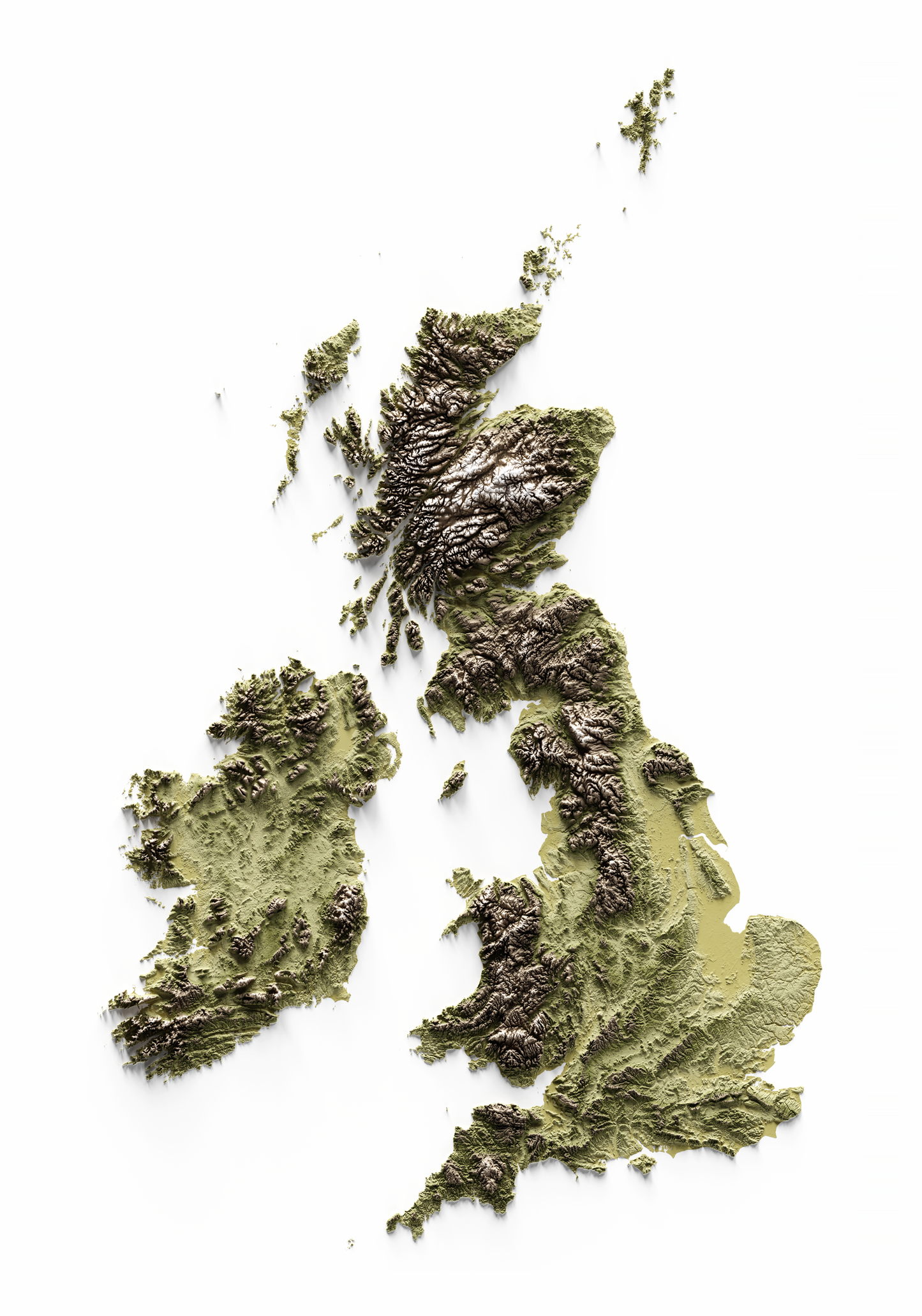 ISLAS BRITÁNICAS E IRLANDESAS. Mapa de relieve en colores terrosos.