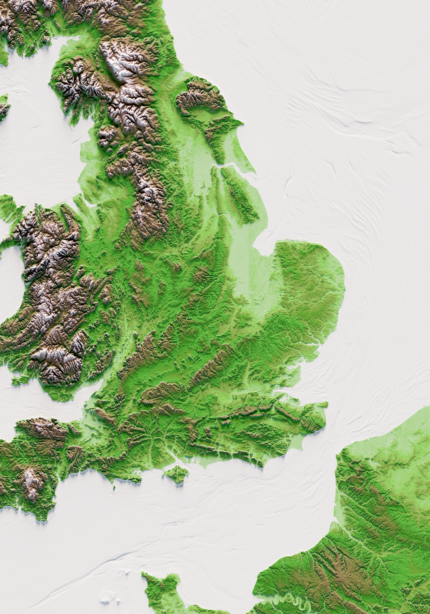 ISLAS BRITÁNICAS E IRLANDESAS. Mapa de relieve clásico con batimetría.