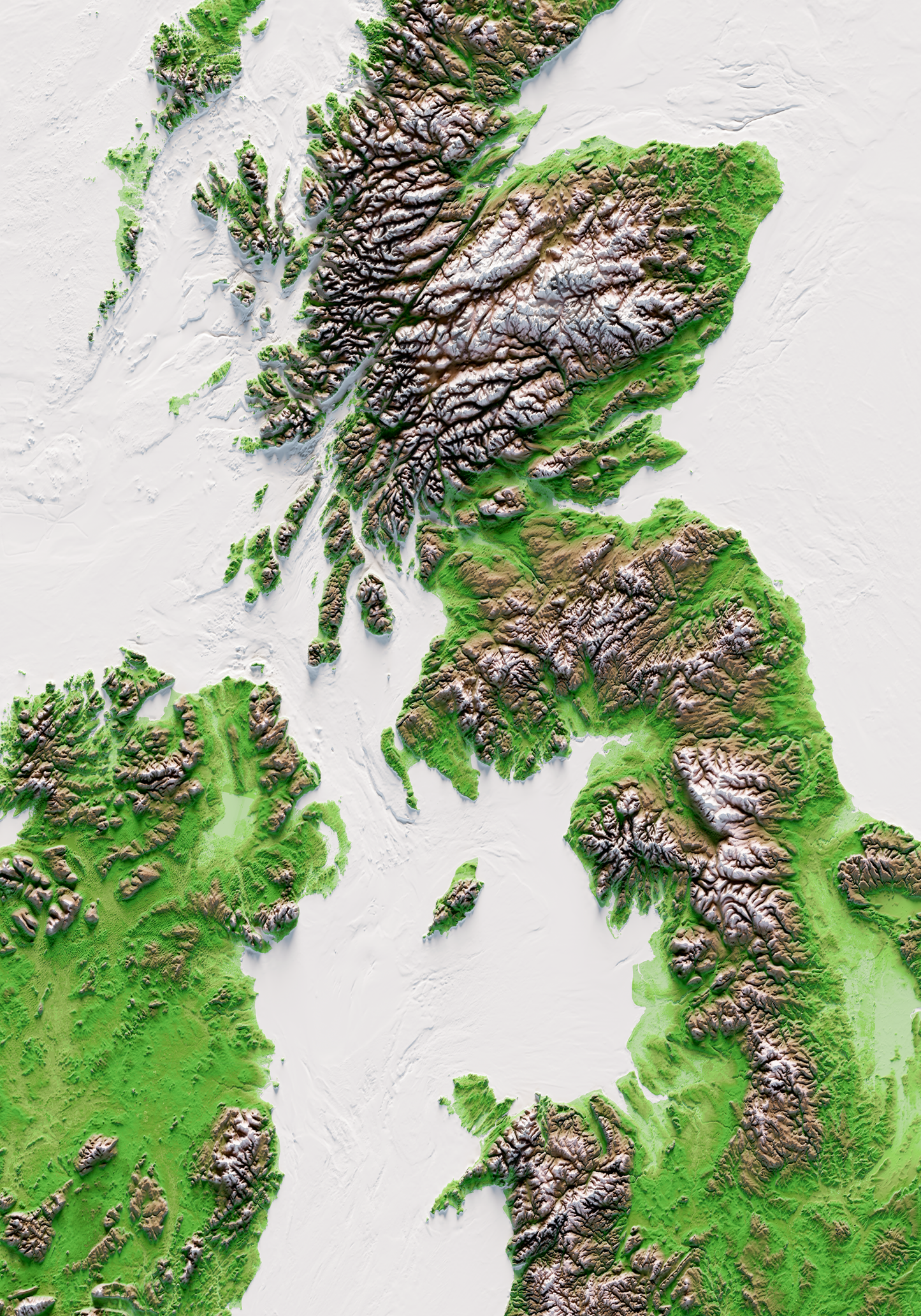 ISLAS BRITÁNICAS E IRLANDESAS. Mapa de relieve clásico con batimetría.