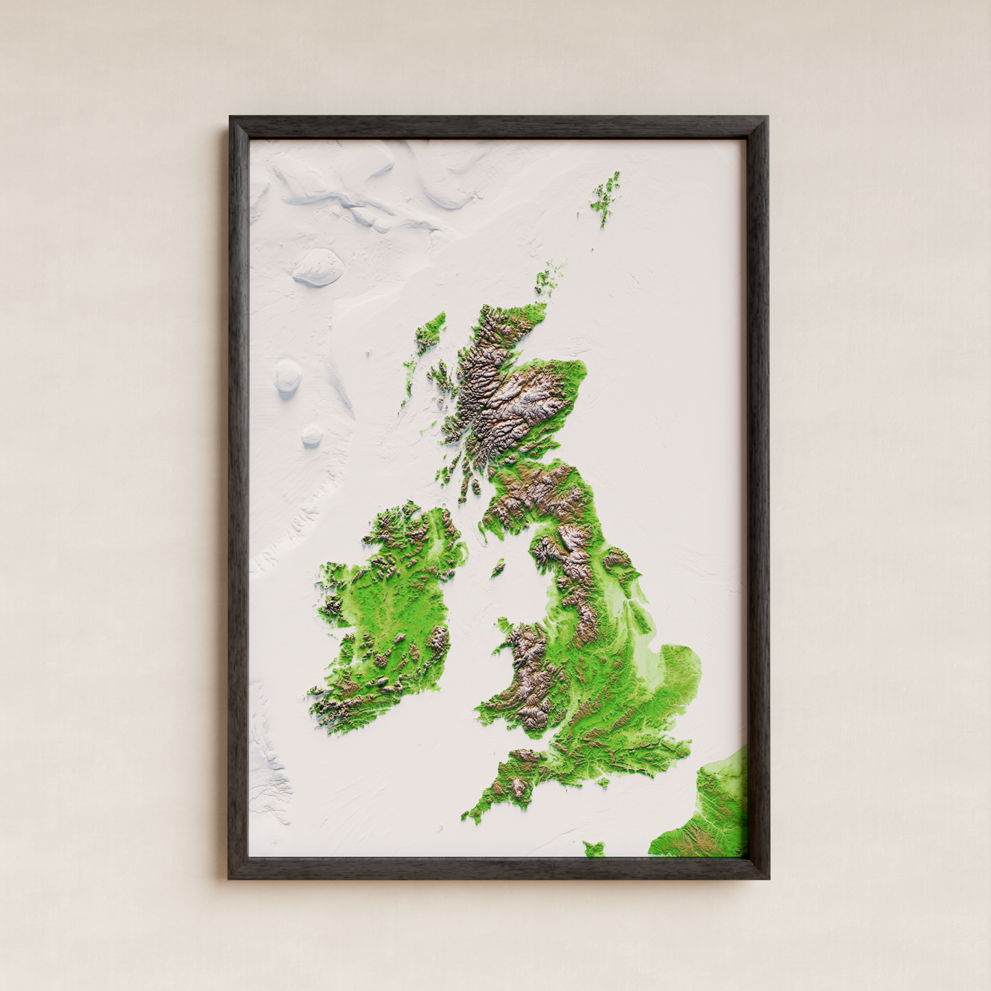 ISLAS BRITÁNICAS E IRLANDESAS. Mapa de relieve clásico con batimetría.