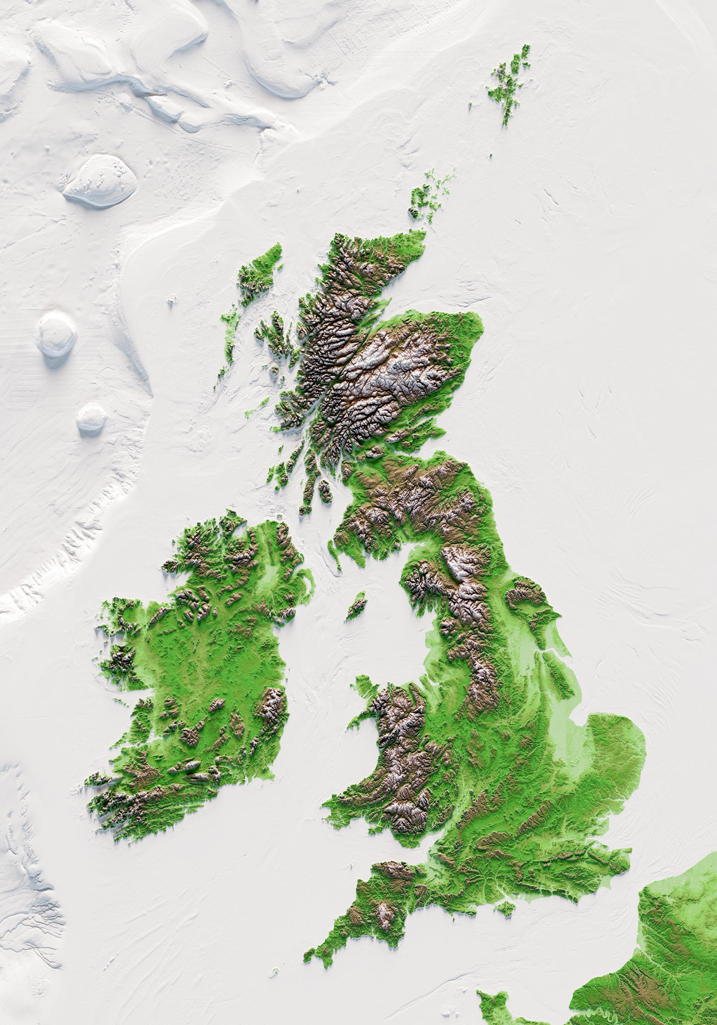 ISLAS BRITÁNICAS E IRLANDESAS. Mapa de relieve clásico con batimetría.