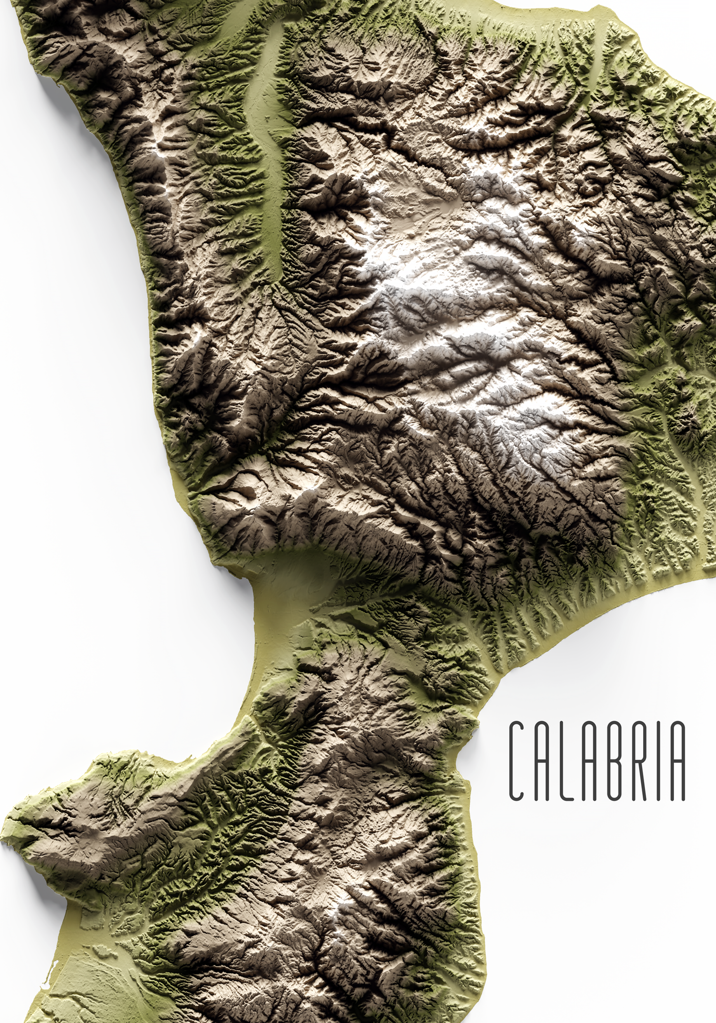 CALABRIA. Mapa de relieve en colores terrosos.