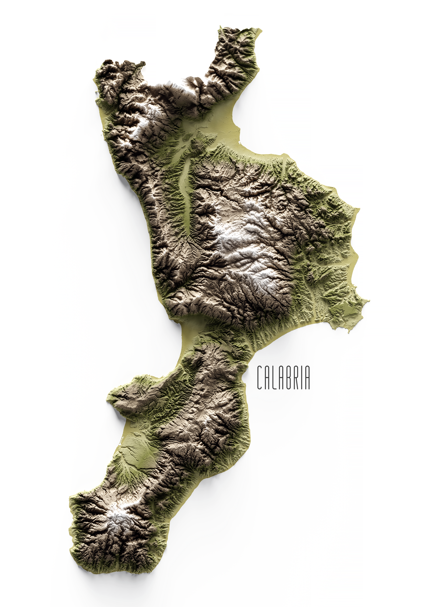 CALABRIA. Mapa de relieve en colores terrosos.