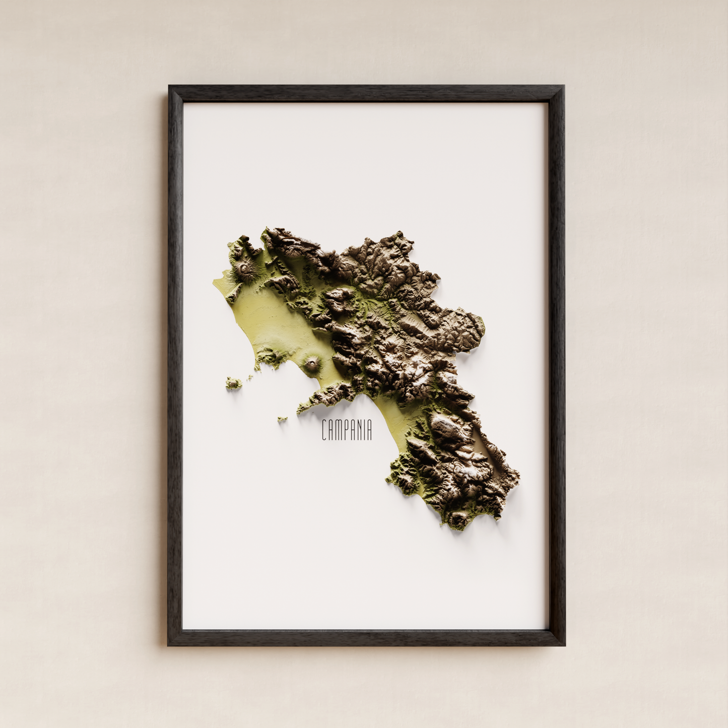 CAMPANIA. Mapa de relieve en colores terrosos.
