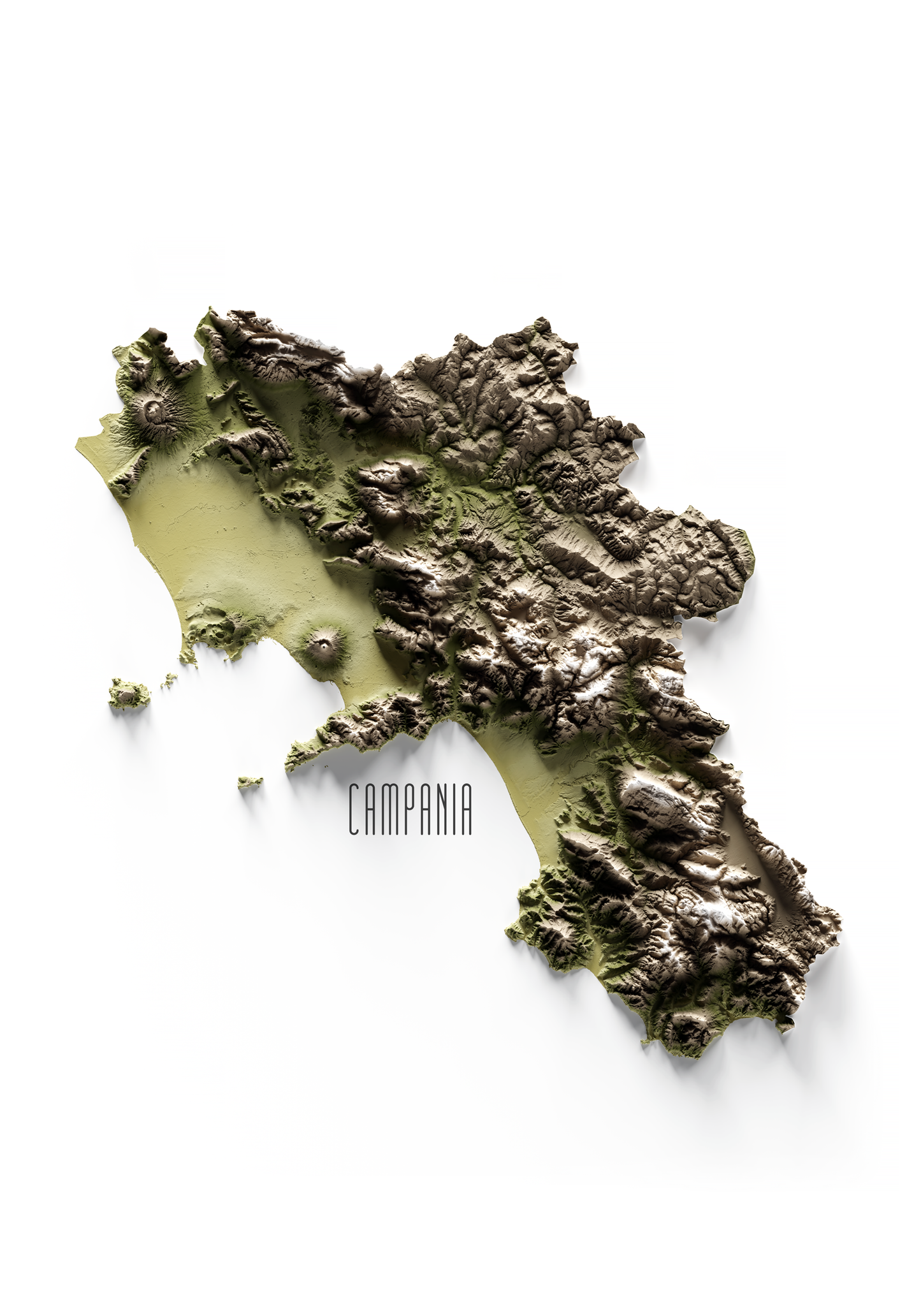 CAMPANIA. Mapa de relieve en colores terrosos.