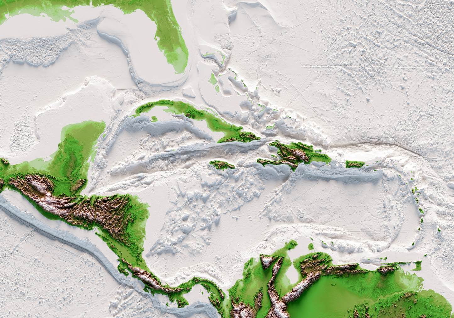 CARIBBEAN. Mapa de relieve clásico con batimetría.