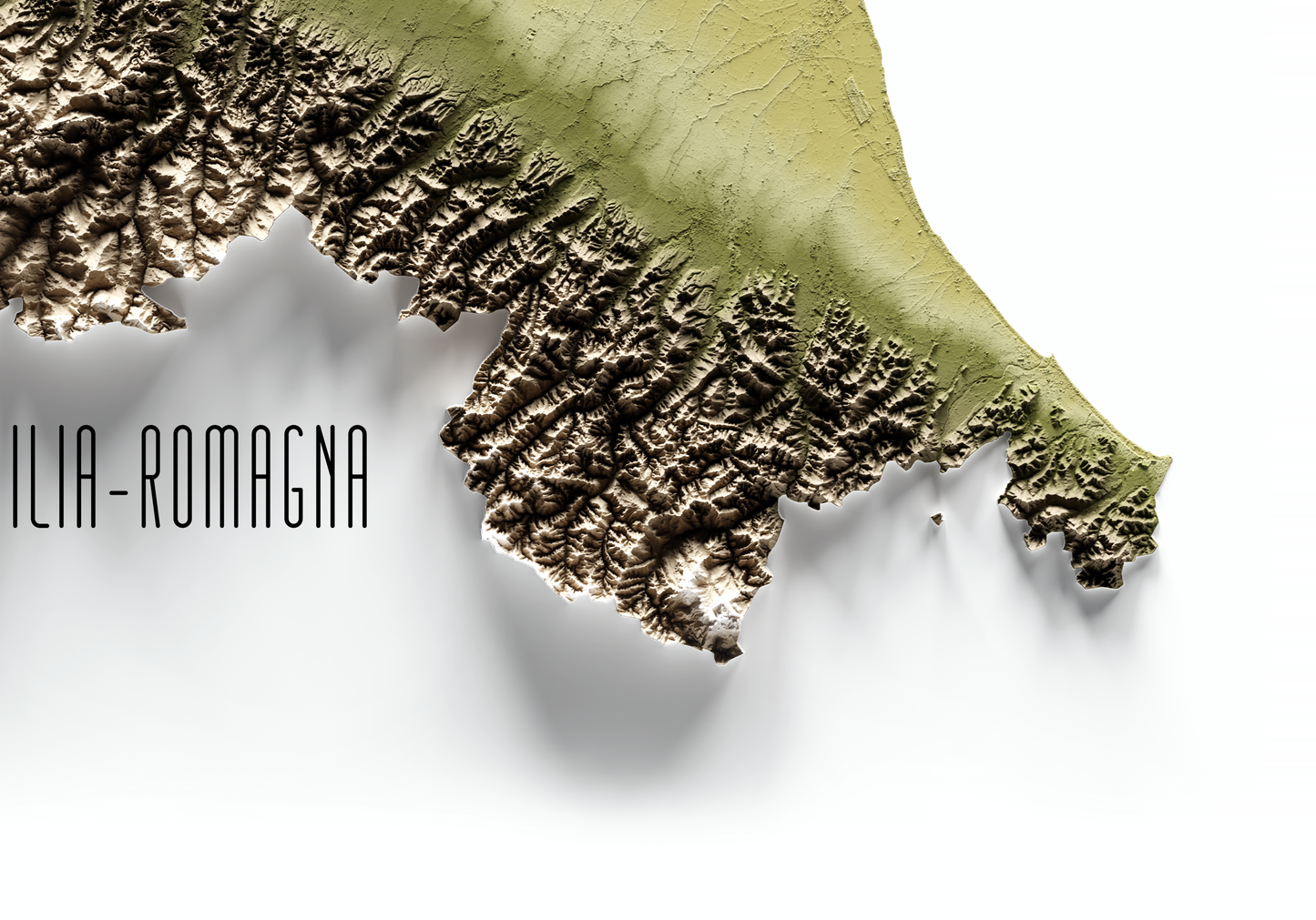 EMILIA-ROMAÑA. Mapa de relieve en colores terrosos.