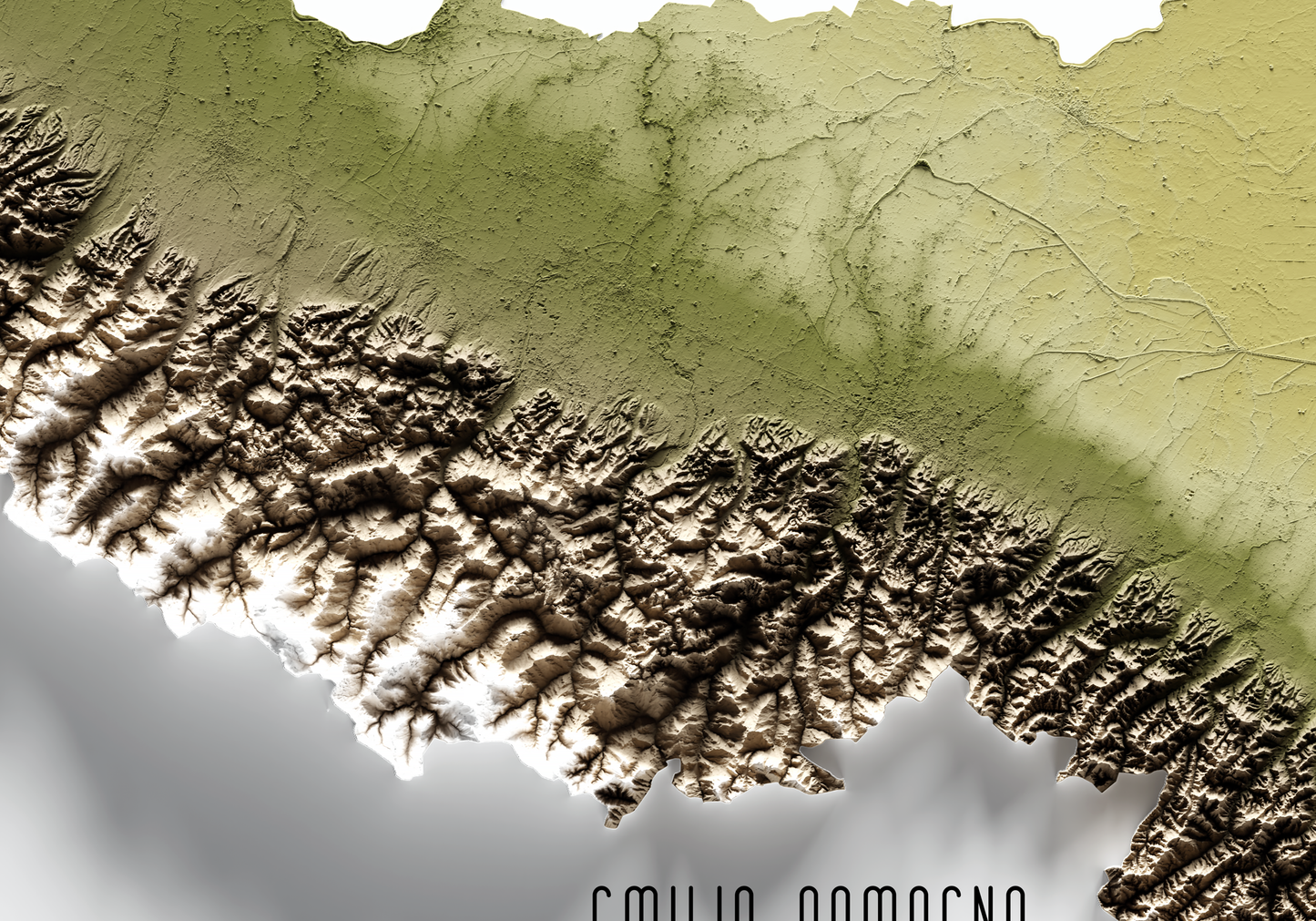 EMILIA-ROMAÑA. Mapa de relieve en colores terrosos.