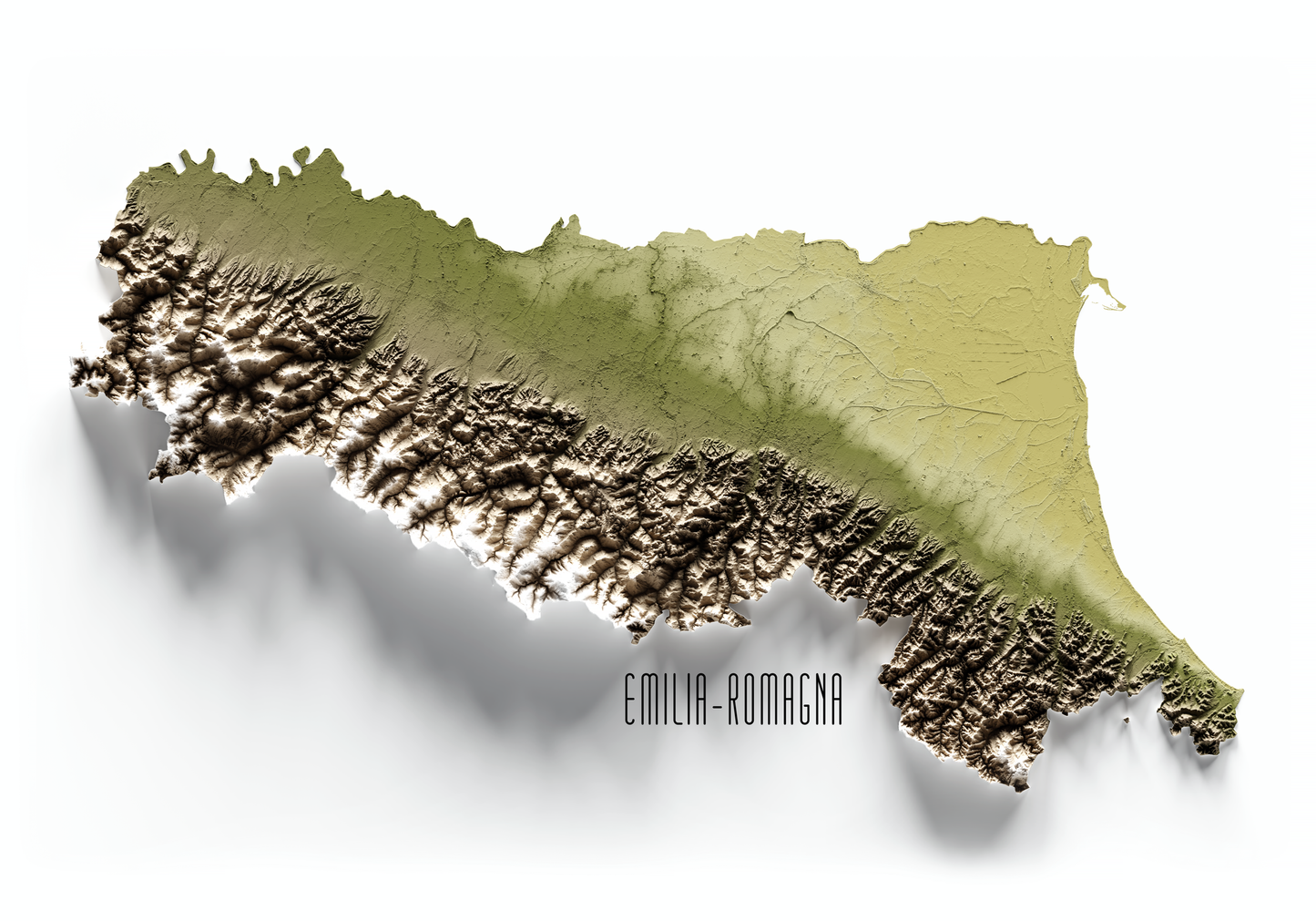 EMILIA-ROMAÑA. Mapa de relieve en colores terrosos.