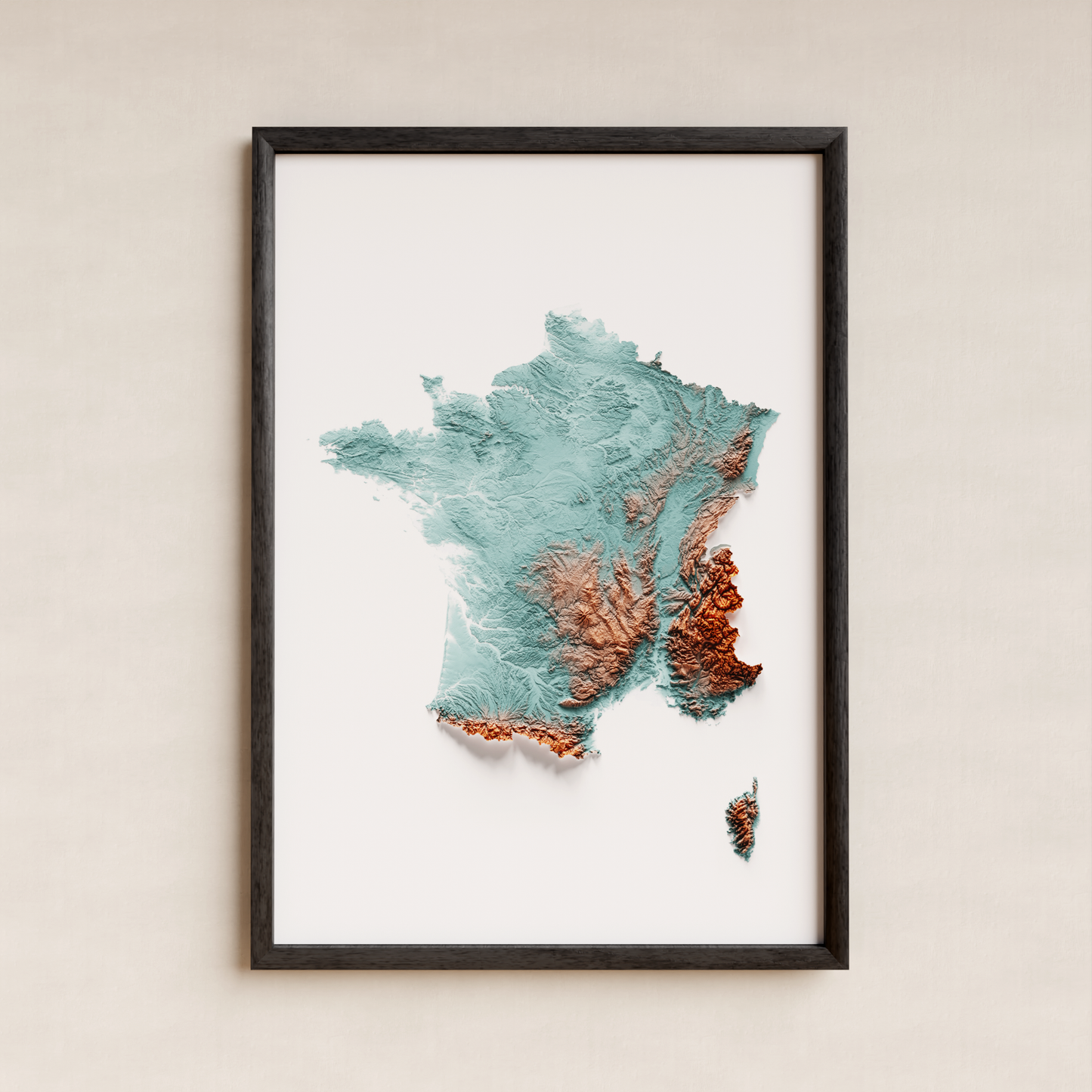 FRANCIA. Mapa de relieve con contraste.