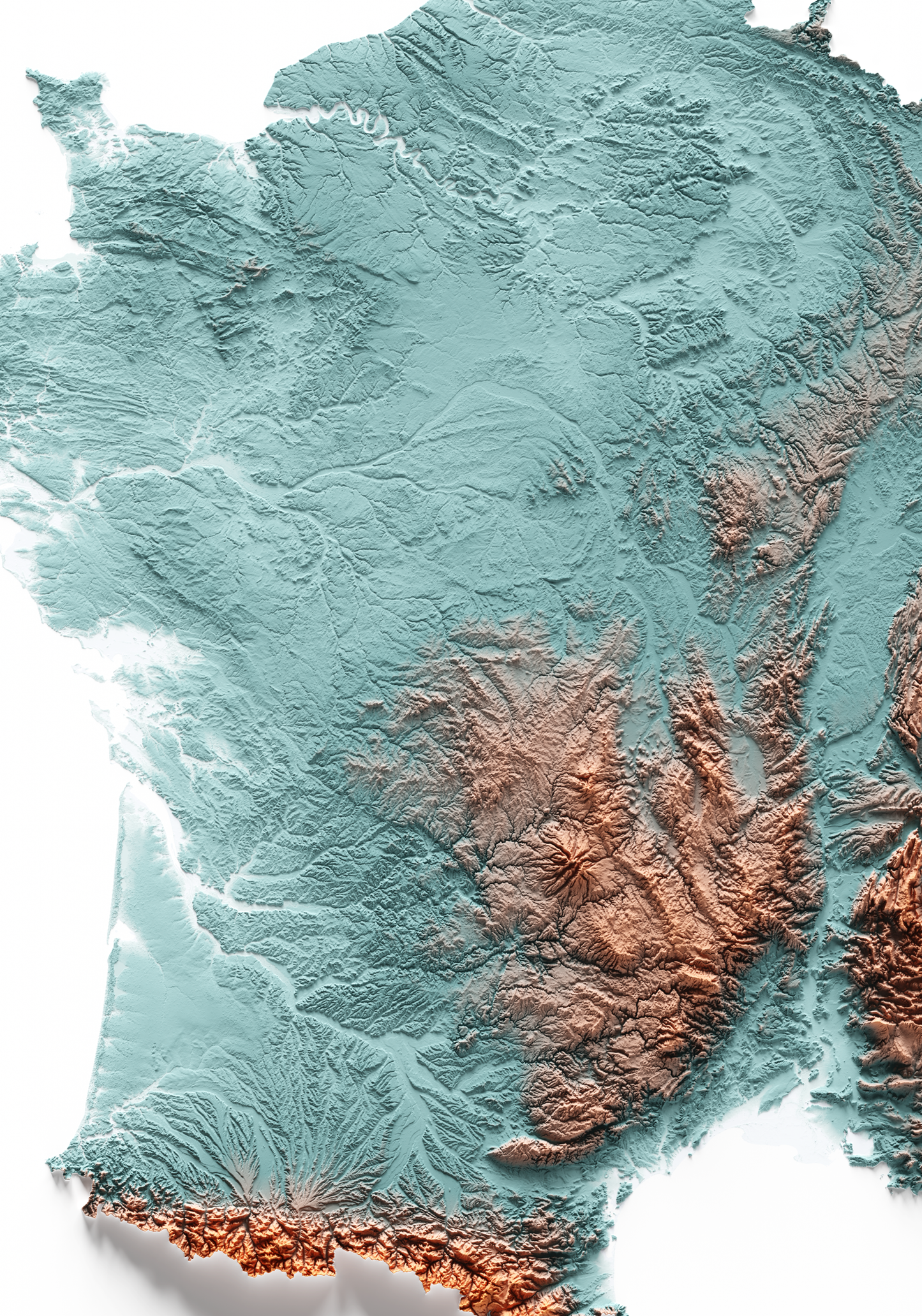 FRANCIA. Mapa de relieve con contraste.