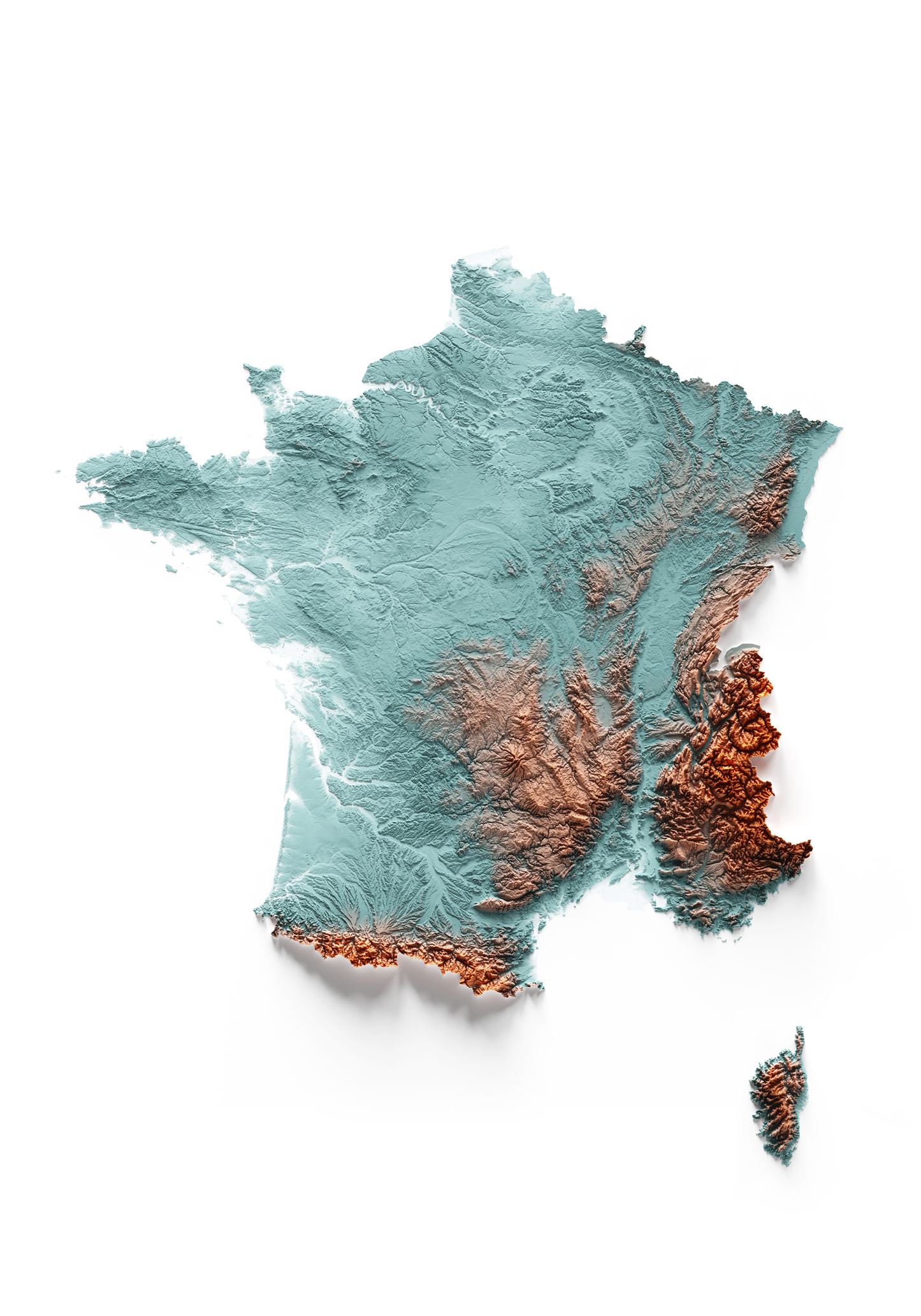 FRANCIA. Mapa de relieve con contraste.