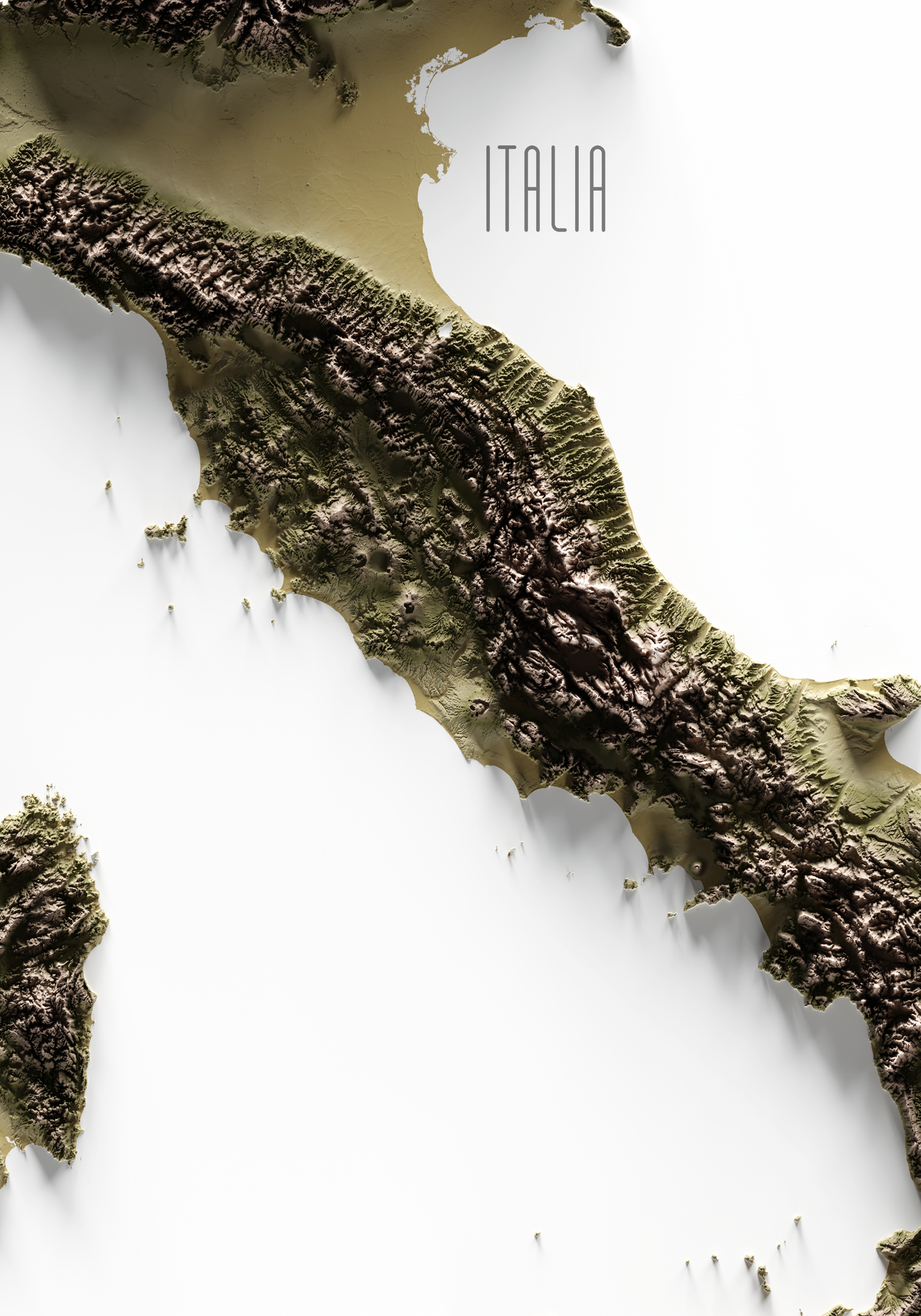 ITALIA. Mapa de relieve en colores terrosos.