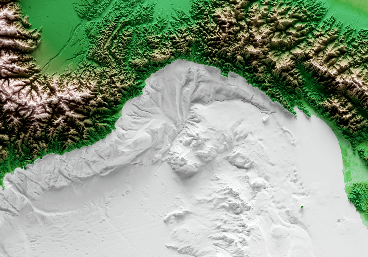 MAR LIGURE. Mapa de relieve clásico con batimetría.