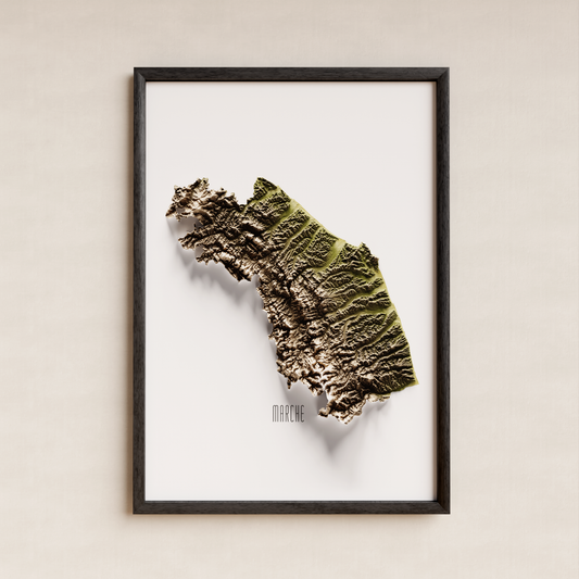 MARCHE. Mapa de relieve en colores terrosos.