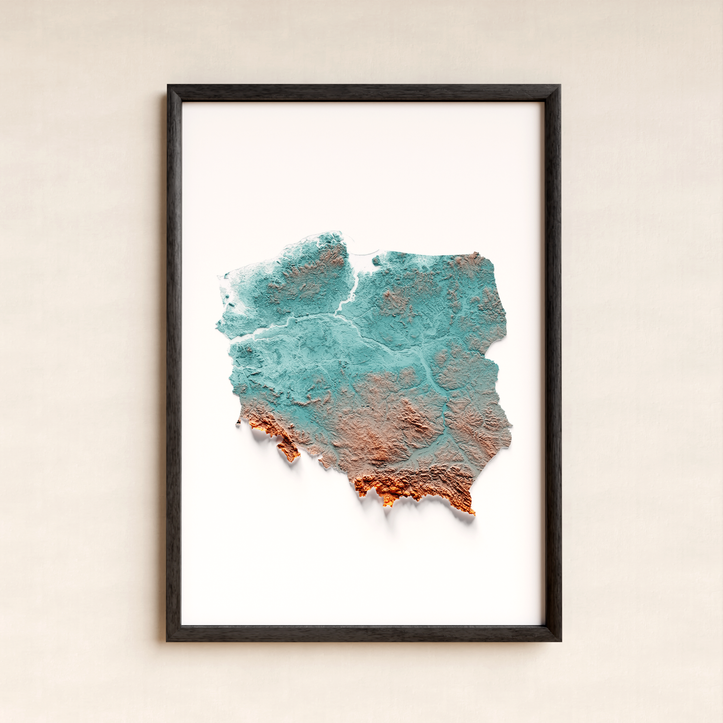 POLONIA. Mapa de relieve con contraste.