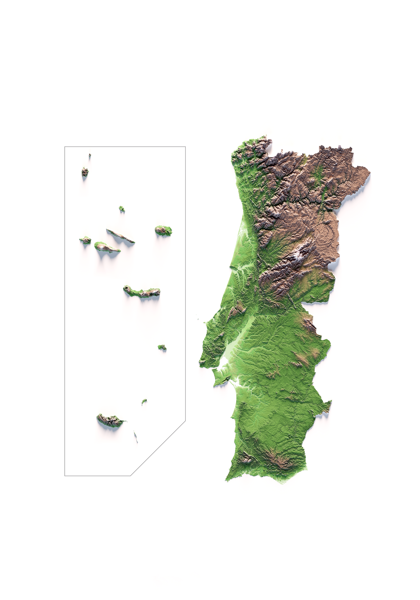 PORTUGAL. Mapa de relieve clásico.