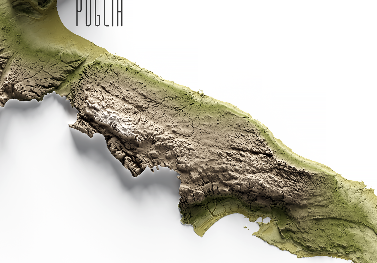PUGLIA. Mapa de relieve en colores terrosos.