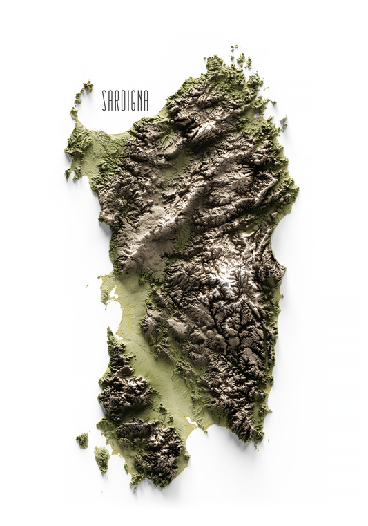 CERDEÑA. Mapa de relieve en colores terrosos.