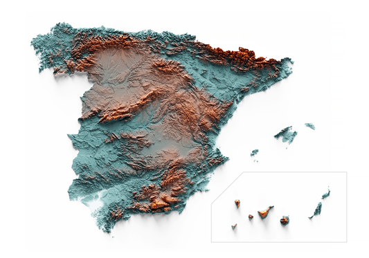 ESPAÑA. Mapa de relieve con contraste.